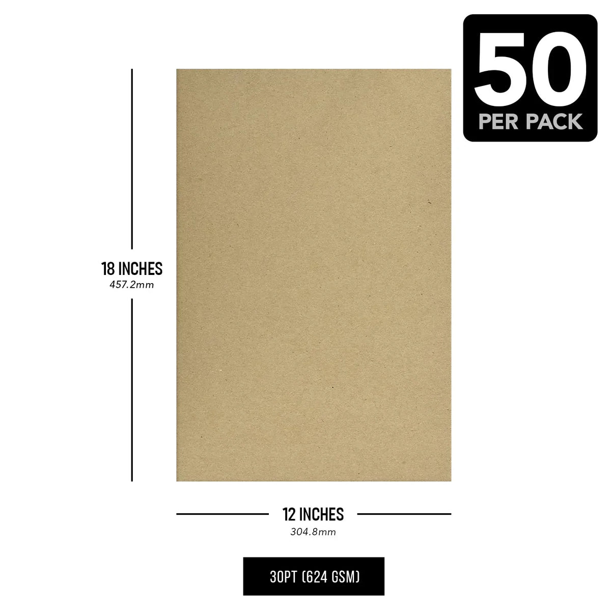 12 x 18" Brown Kraft Chipboard | Medium Weight 30Pt. (624gsm) Cardboard Sheets - 50 per Pack FoldCard
