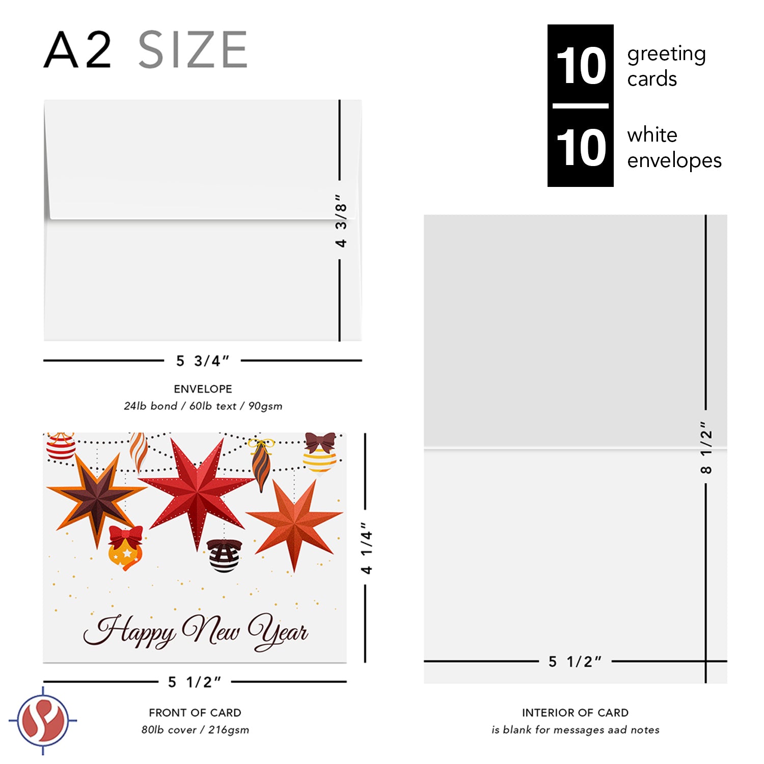 2026 Happy New Year Greeting Cards – Lanterns and Baubles Christmas Holiday Invitations, Thank You's – 4.25 x 5.5" – 10 Per Pack