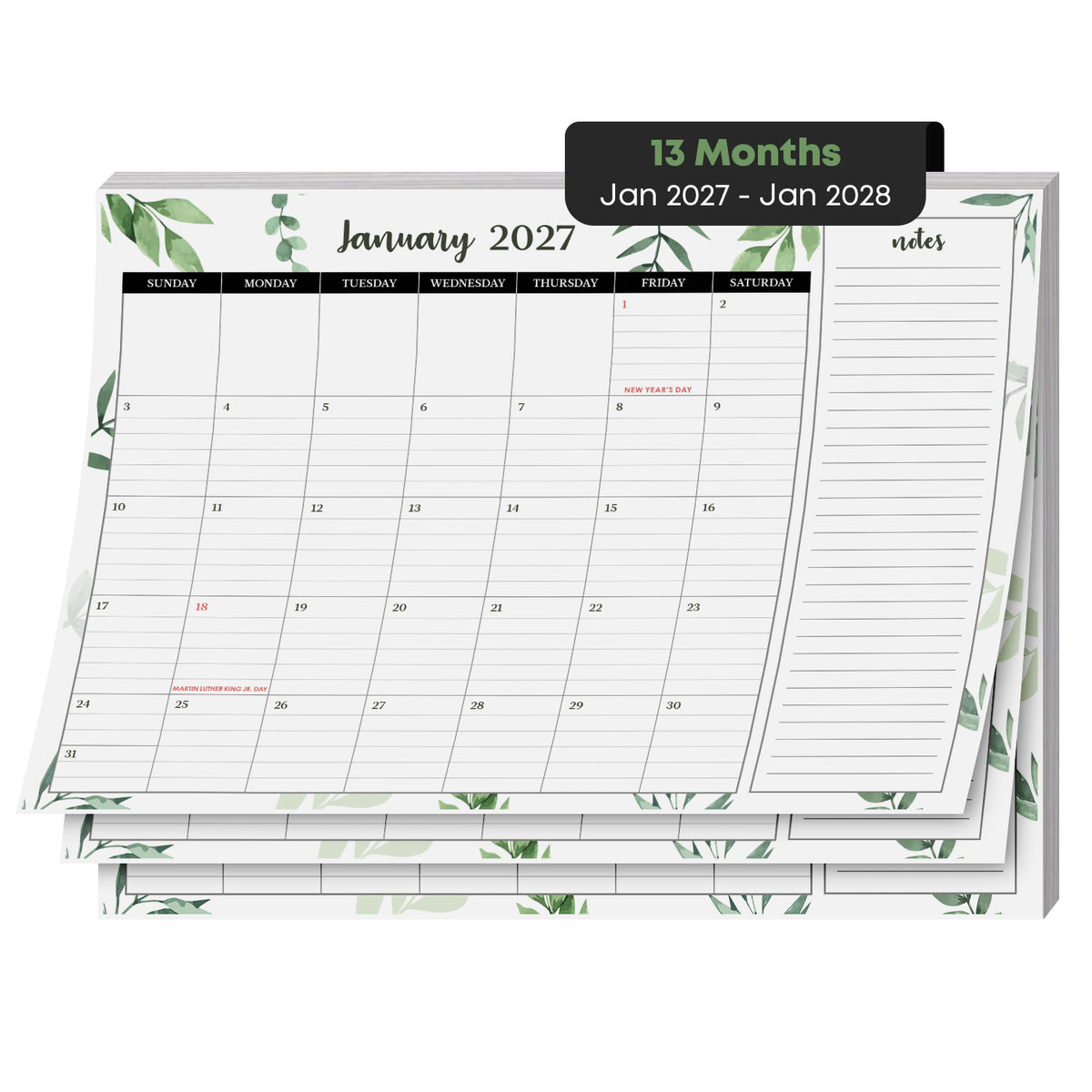 2027 desk calendar pad, 8.5 x 11 inch, January 2027 page with greenery design and notes column