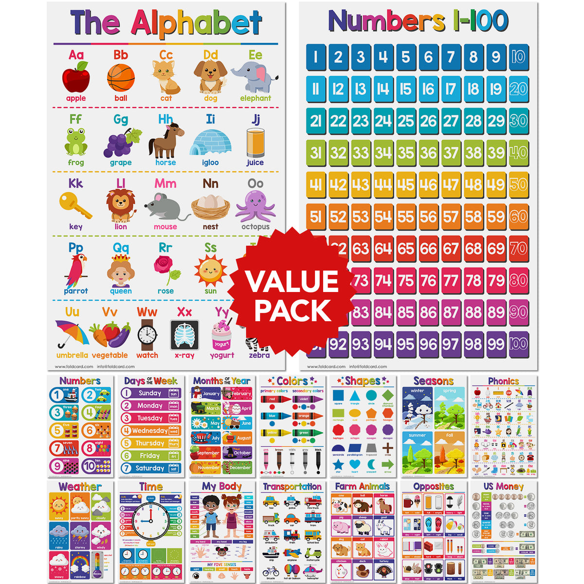 Learning Chart Bundle - 16 Educational Posters for Kids - Large Size
