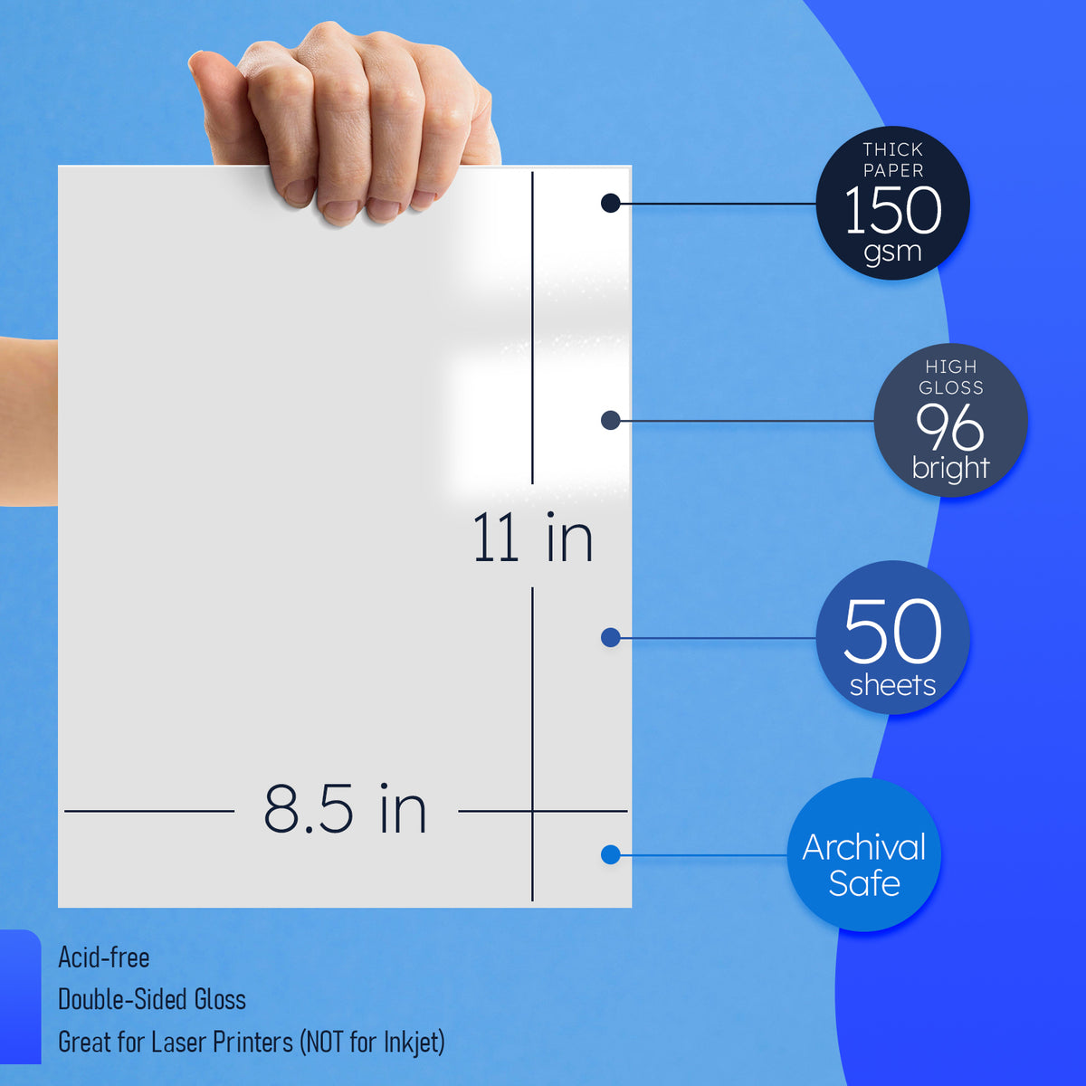 8.5x11 Double Sided C2S Glossy Paper for Full Color Laser Printing - 100lb Text (40lb Bond) - Acid Free, Gloss Coated - 50 Sheets
