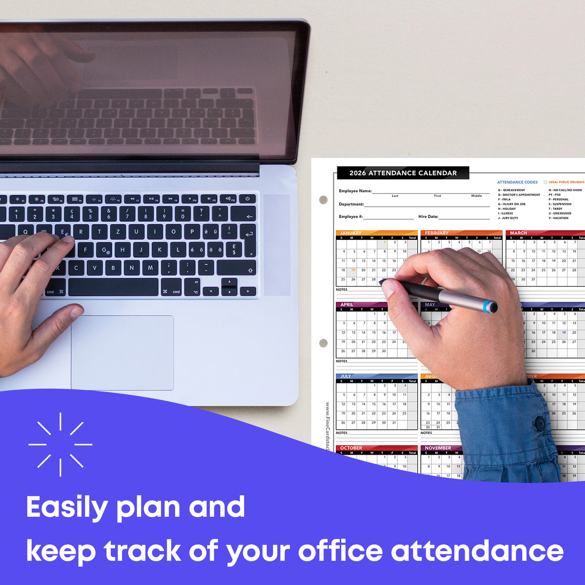 2026 Attendance Calendar Card Stock Paper – Great Employee Work Tracker