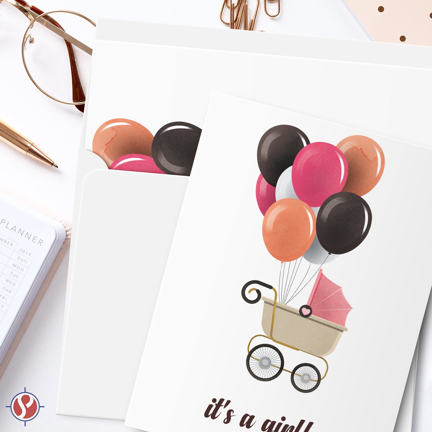 It's A Girl! – Pink Stroller & Balloons – Baby Shower Greeting Cards for New Mom Dad Parents, Welcome New Baby, Congrats, Gender Reveal – 10 per Pack