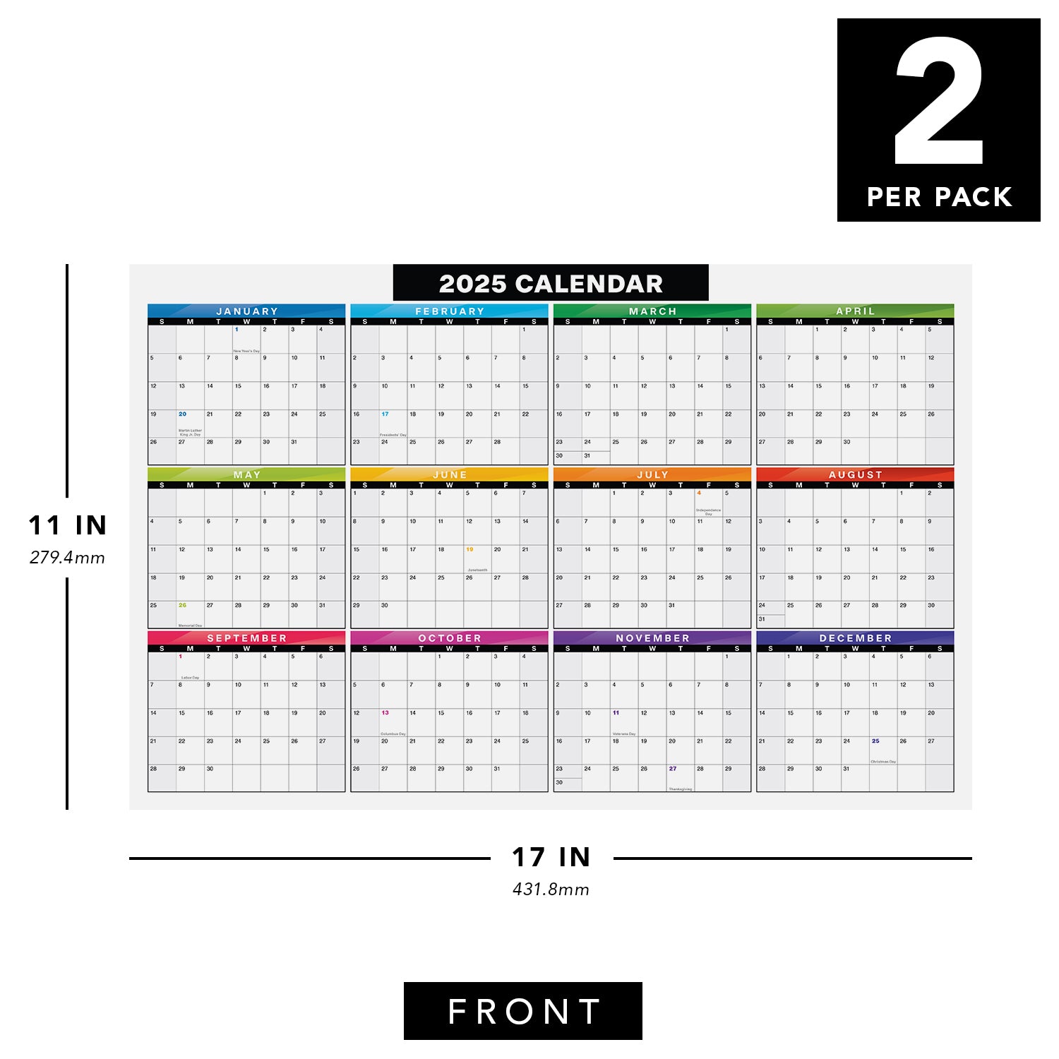 2025 Full Desk Calendar - 11 x 17” Large Size 2 Sided Vertical/Horizontal Reversible - Printed on Thick and Durable 80lb Cardstock (216 GSM) 2 per pck
