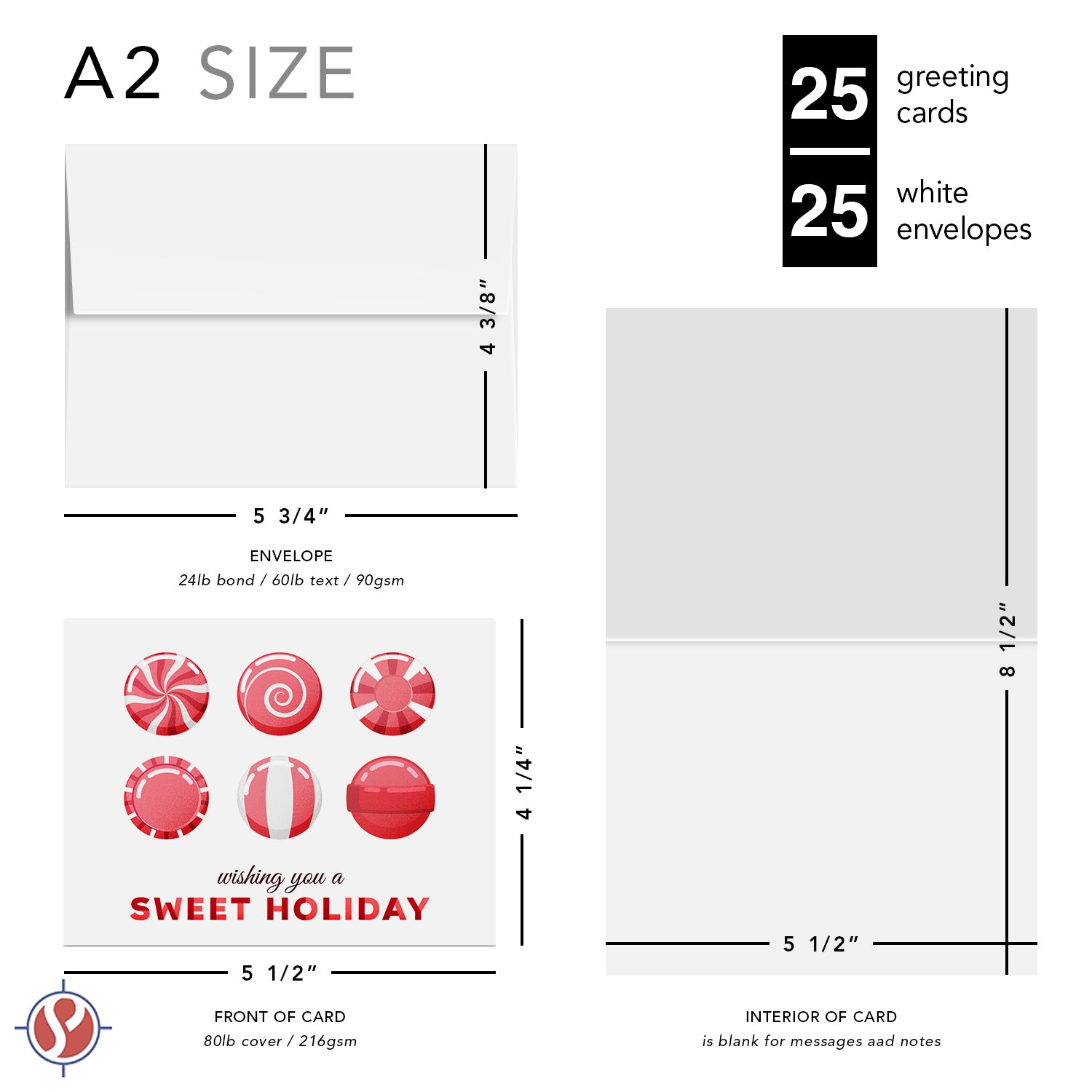 2026 Wishing You A Sweet Holiday! Greeting Cards and Envelopes – Christmas Candies – 4.25 x 5.5" – 25 per Pack