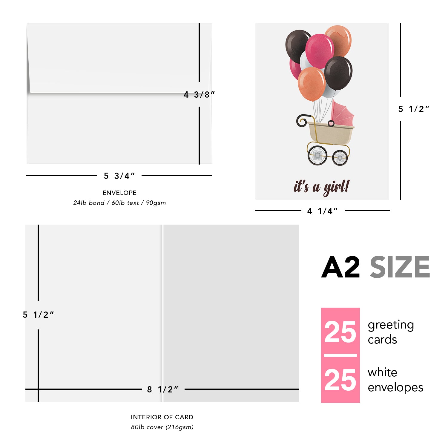 It's A Girl! – Pink Stroller & Balloons – Baby Shower Greeting Cards for New Mom Dad Parents, Welcome New Baby, Congrats, Gender Reveal – 10 per Pack