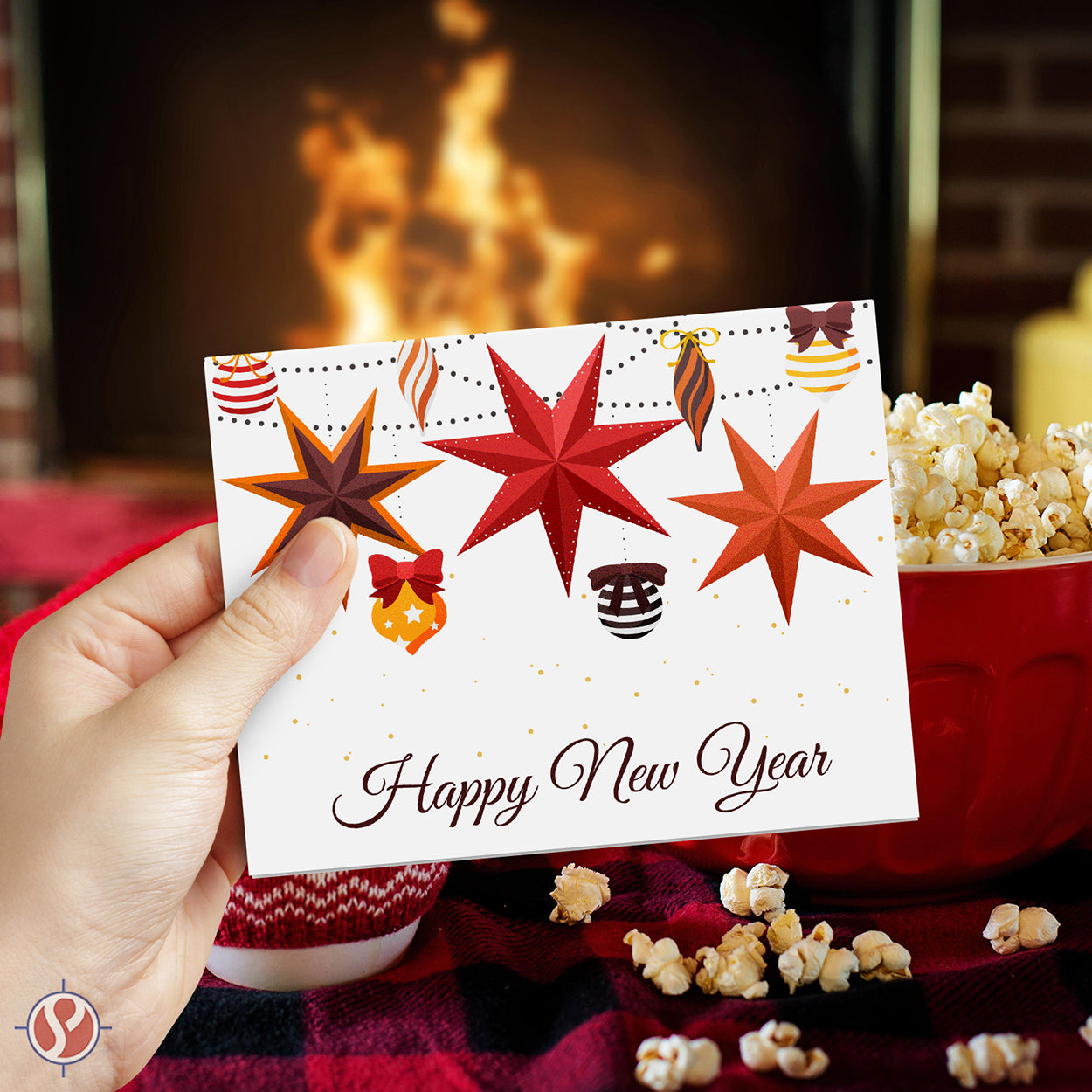 2026 Happy New Year Greeting Cards – Lanterns and Baubles Christmas Holiday Invitations, Thank You's – 4.25 x 5.5" – 10 Per Pack