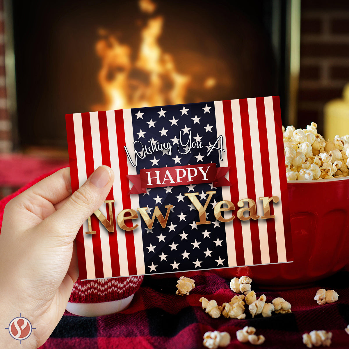 2026 Wishing You A Happy New Year Greeting Cards – American Flag - 4.25 x 5.5” - 10 Per Pack