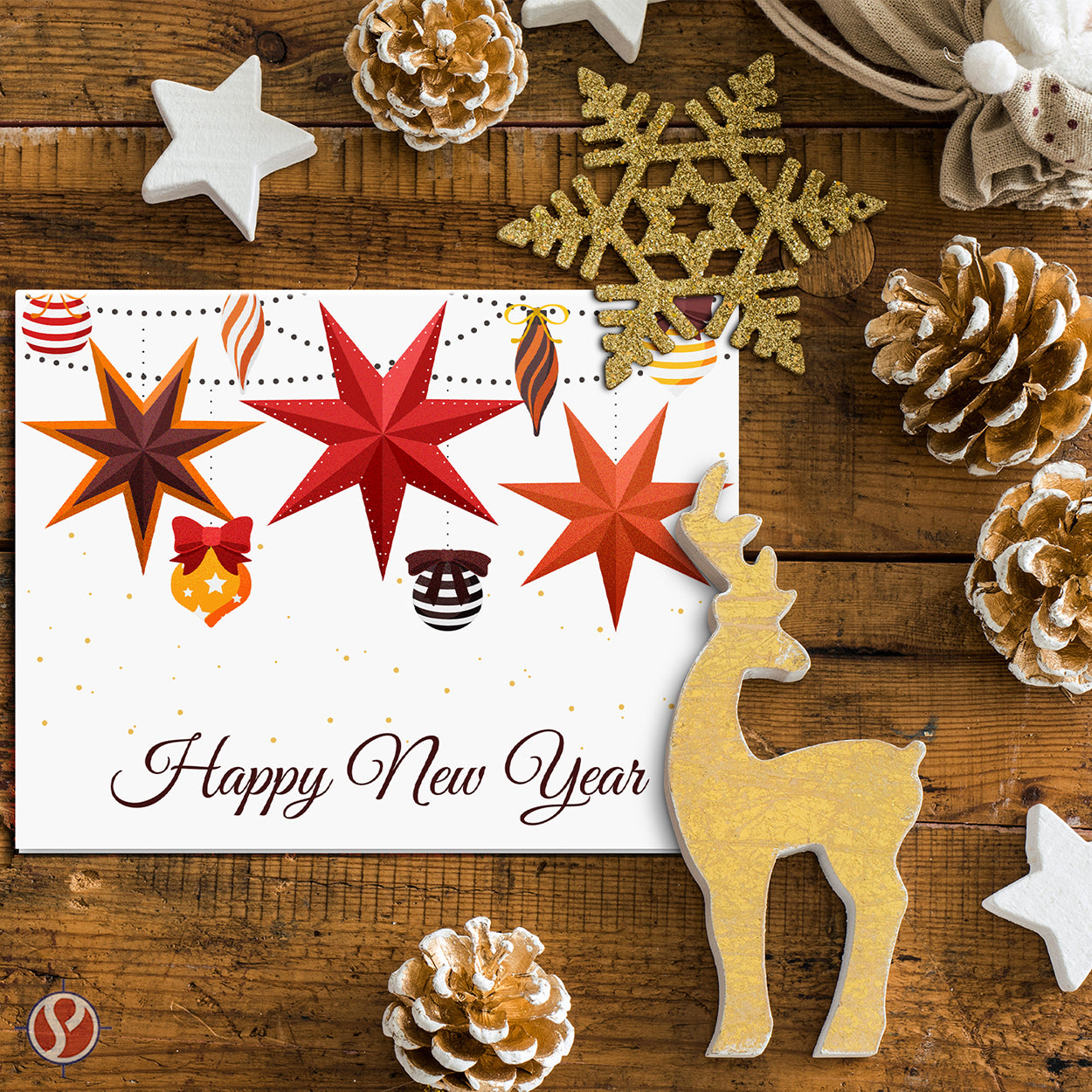 2026 Happy New Year Greeting Cards – Lanterns and Baubles Christmas Holiday Invitations, Thank You's – 4.25 x 5.5" – 10 Per Pack