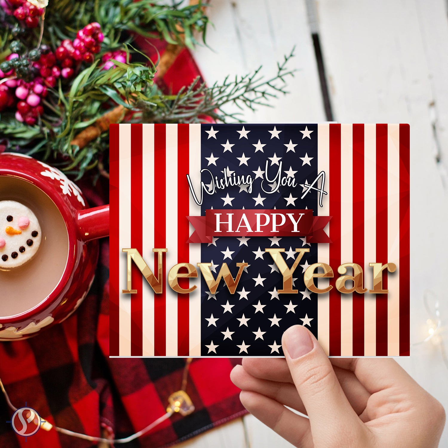 2026 Wishing You A Happy New Year Greeting Cards – American Flag - 4.25 x 5.5” - 10 Per Pack