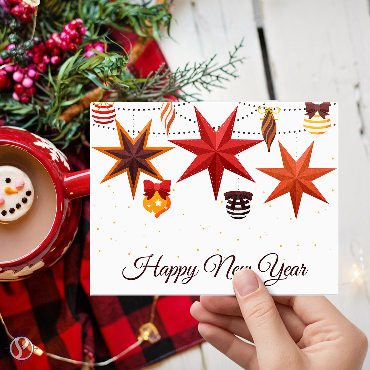 2026 Happy New Year Greeting Cards – Lanterns and Baubles Christmas Holiday Invitations, Thank You's – 4.25 x 5.5" – 10 Per Pack