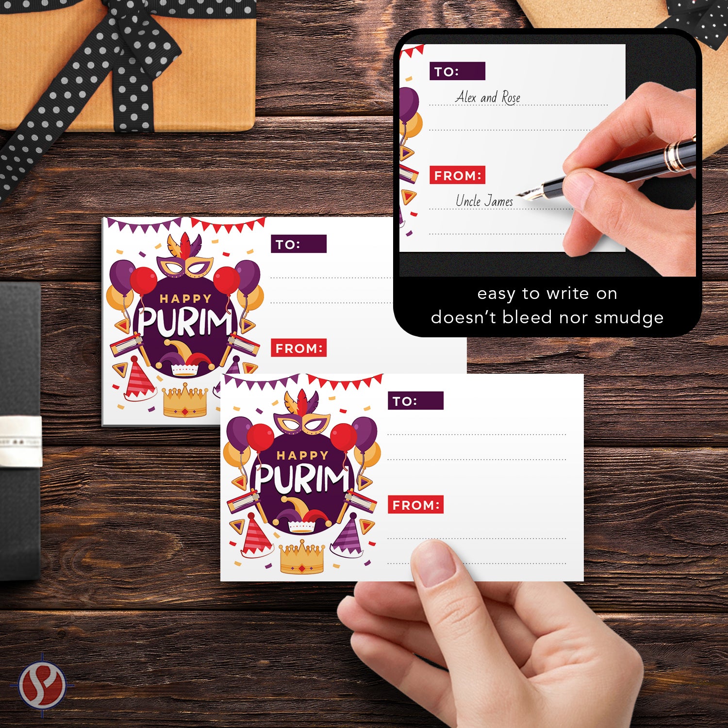 Happy Purim Blank Gift Tag Stickers, 3.5" x 2" To From Jewish Holiday Religious Self-Adhesive Name Labels for Gifts Presents – 25 per Pack