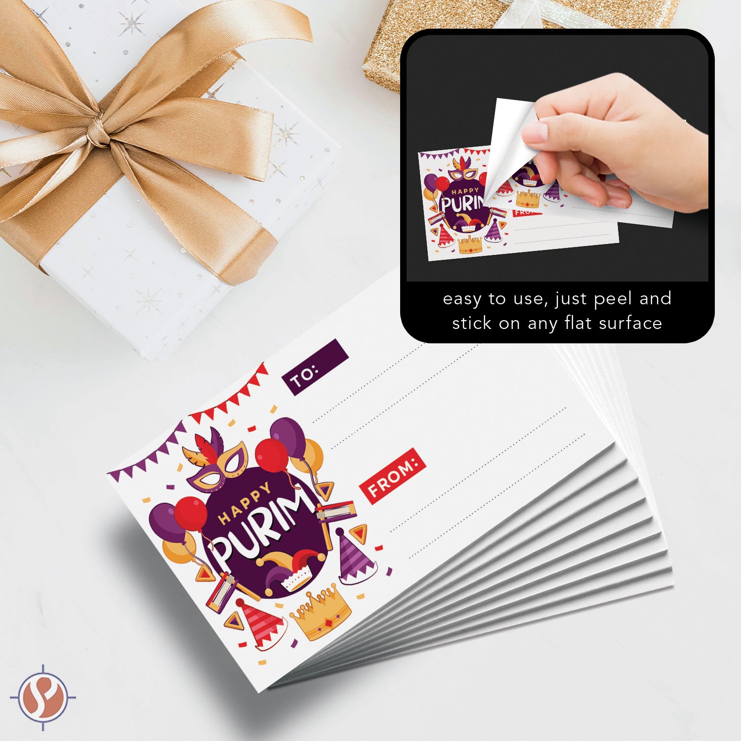 Happy Purim Blank Gift Tag Stickers, 3.5" x 2" To From Jewish Holiday Religious Self-Adhesive Name Labels for Gifts Presents – 25 per Pack