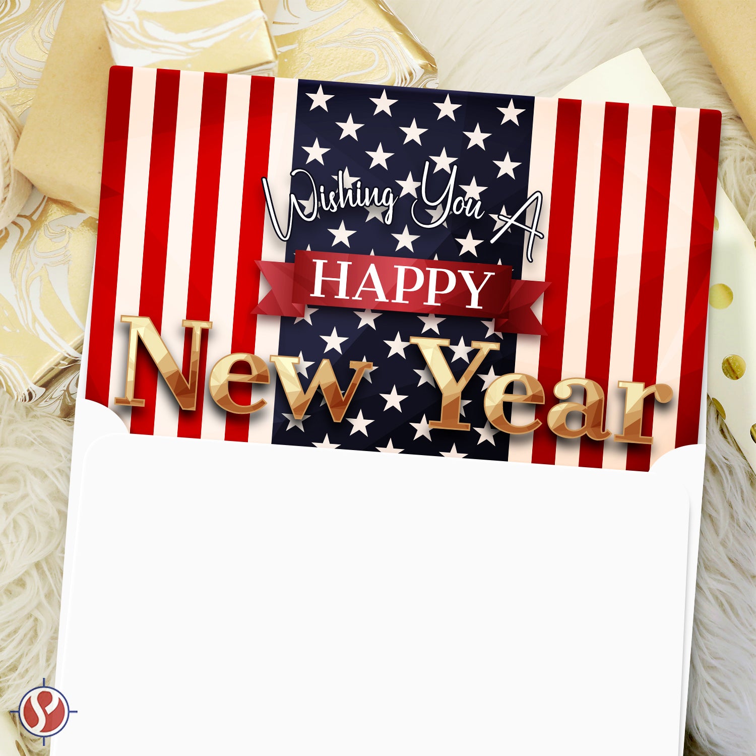 2026 Wishing You A Happy New Year Greeting Cards – American Flag - 4.25 x 5.5” - 10 Per Pack