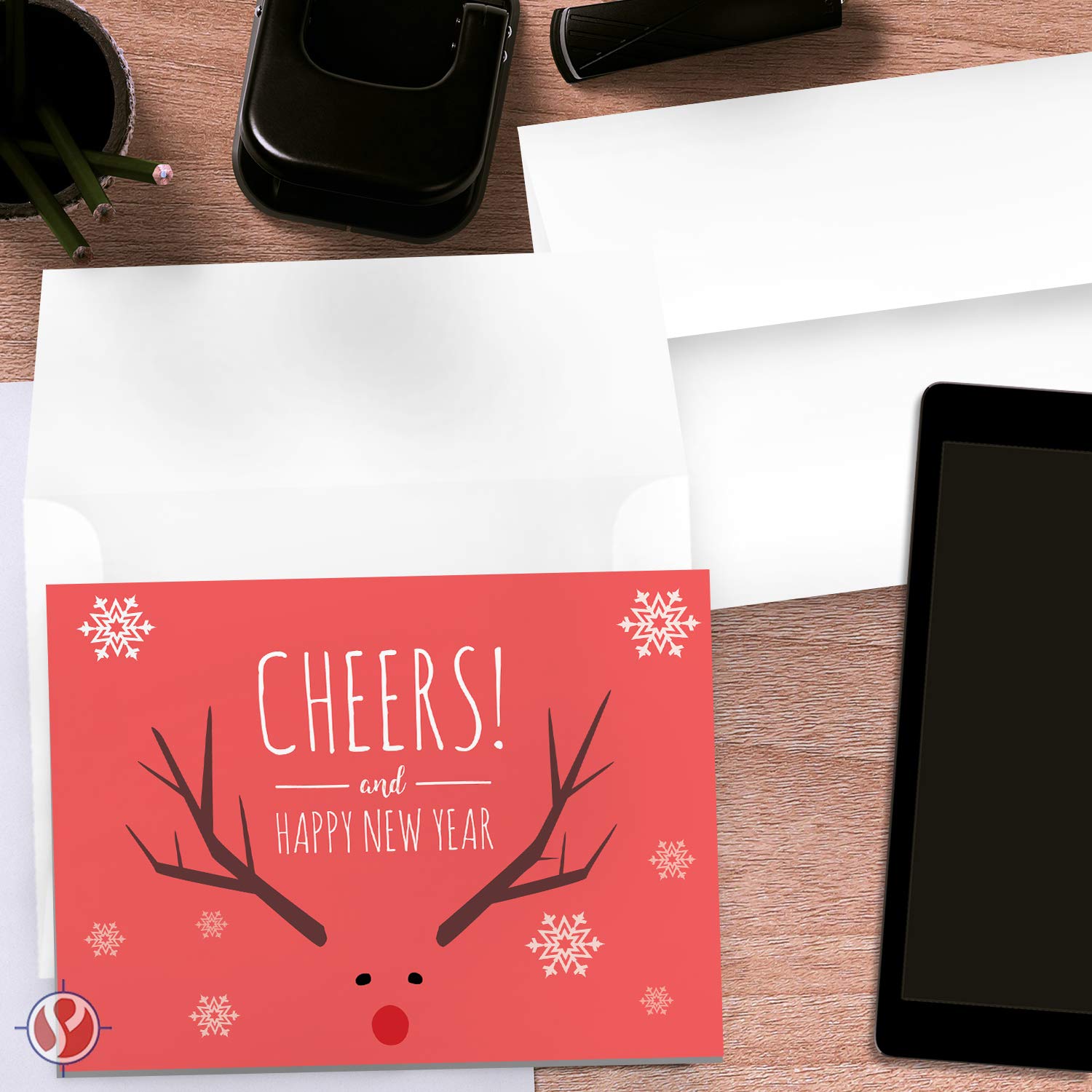2026 Happy New Year, 10 Cards and 10 Envelopes per Pack - 4.25 x 5.5" (Red Cheers)