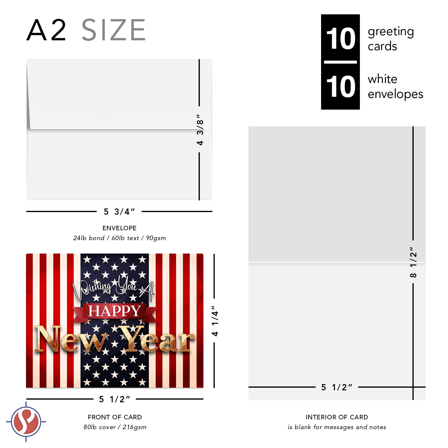 2026 Wishing You A Happy New Year Greeting Cards – American Flag - 4.25 x 5.5” - 10 Per Pack
