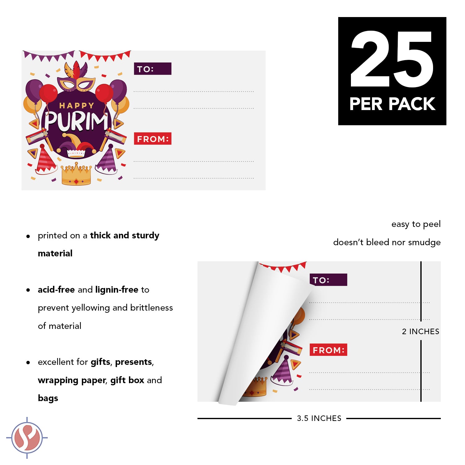 Happy Purim Blank Gift Tag Stickers, 3.5" x 2" To From Jewish Holiday Religious Self-Adhesive Name Labels for Gifts Presents – 25 per Pack