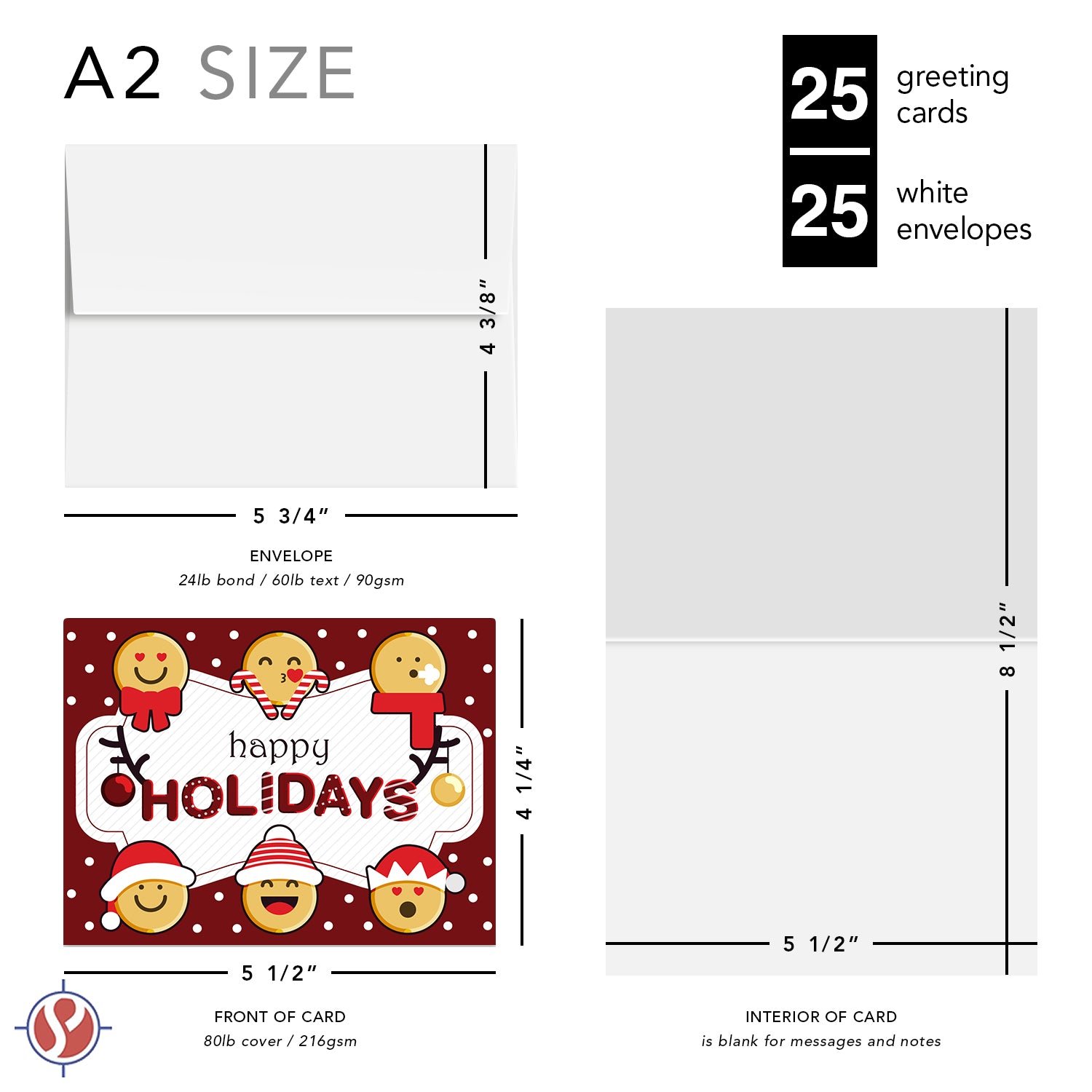 2023 Tarjetas de felicitación Happy Holidays - Cartulina y sobres plegables en blanco rojo. Juego de 25