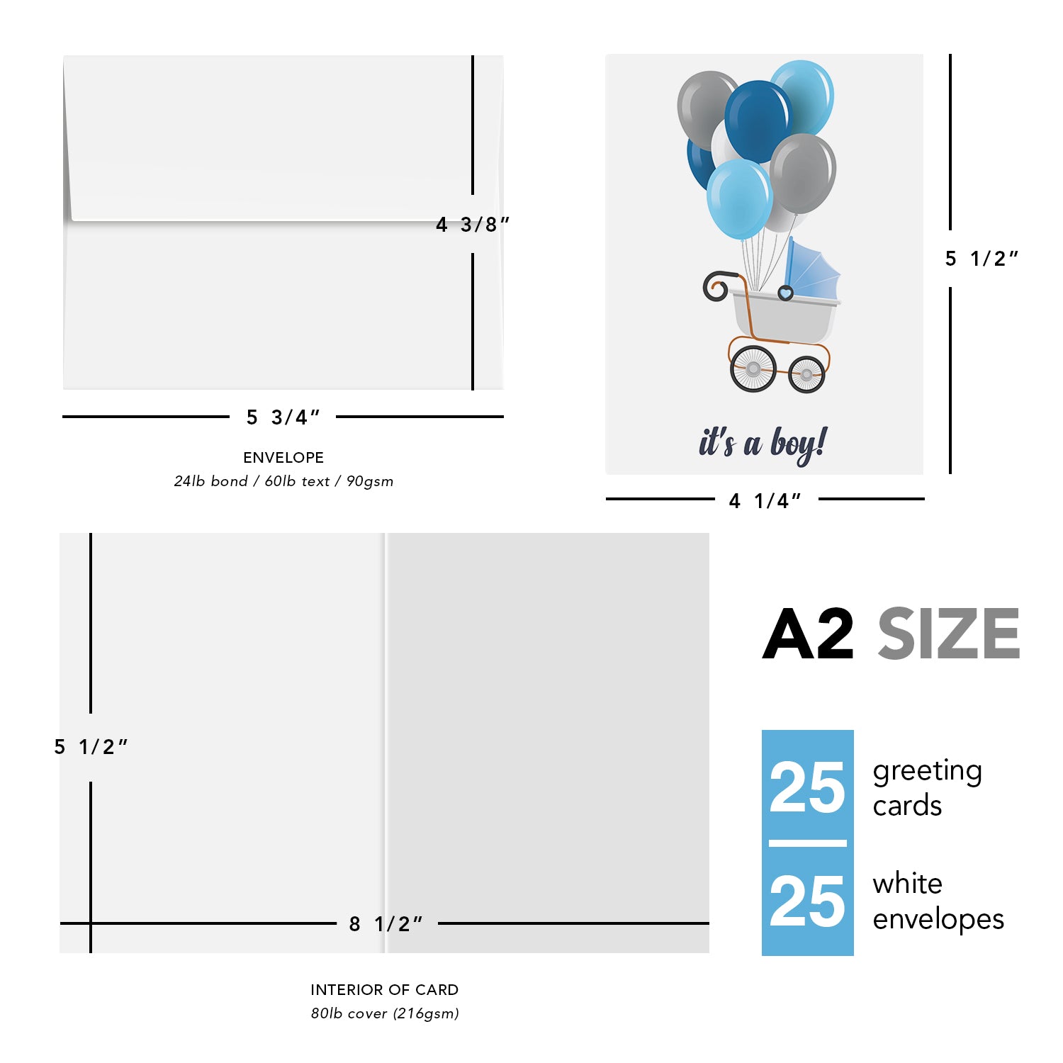 It's A Boy! – Blue Stroller & Balloons – Baby Shower Greeting Cards for New Mom Dad Parents, Welcome New Baby, Congrats, Gender Reveal – 10 per Pack