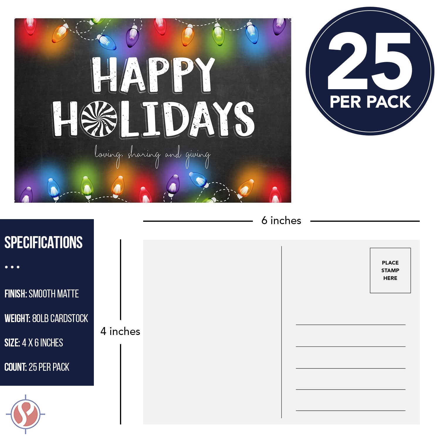 2026 Happy Holidays - Loving Sharing Giving Postcards for Christmas New Year's Greetings, Invitations - 4" x 6" - 25 per Pack