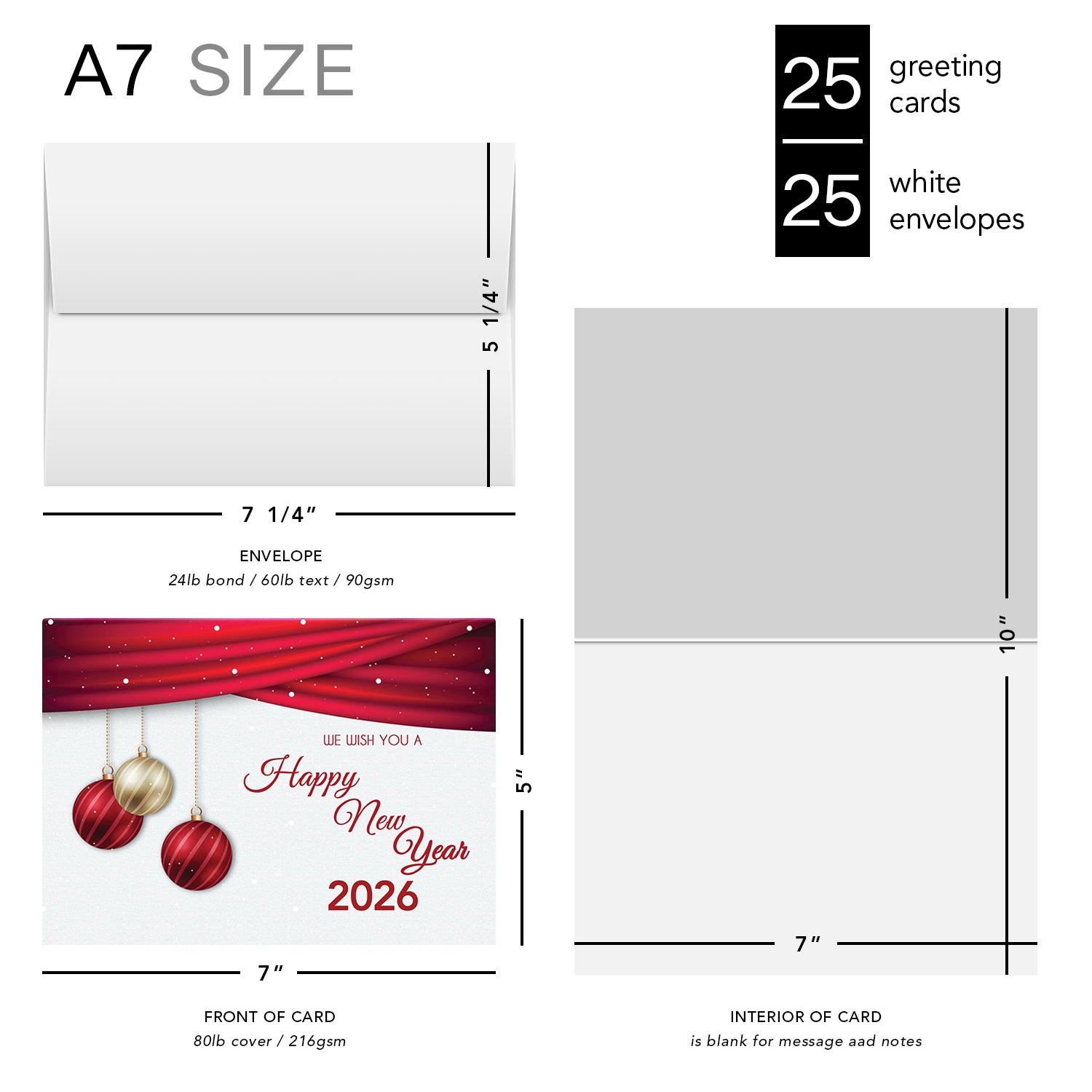 2026 Happy New Year Cards & Envelopes 25 Half Fold Cards & A7 Envelopes | 5 x 7 Inches