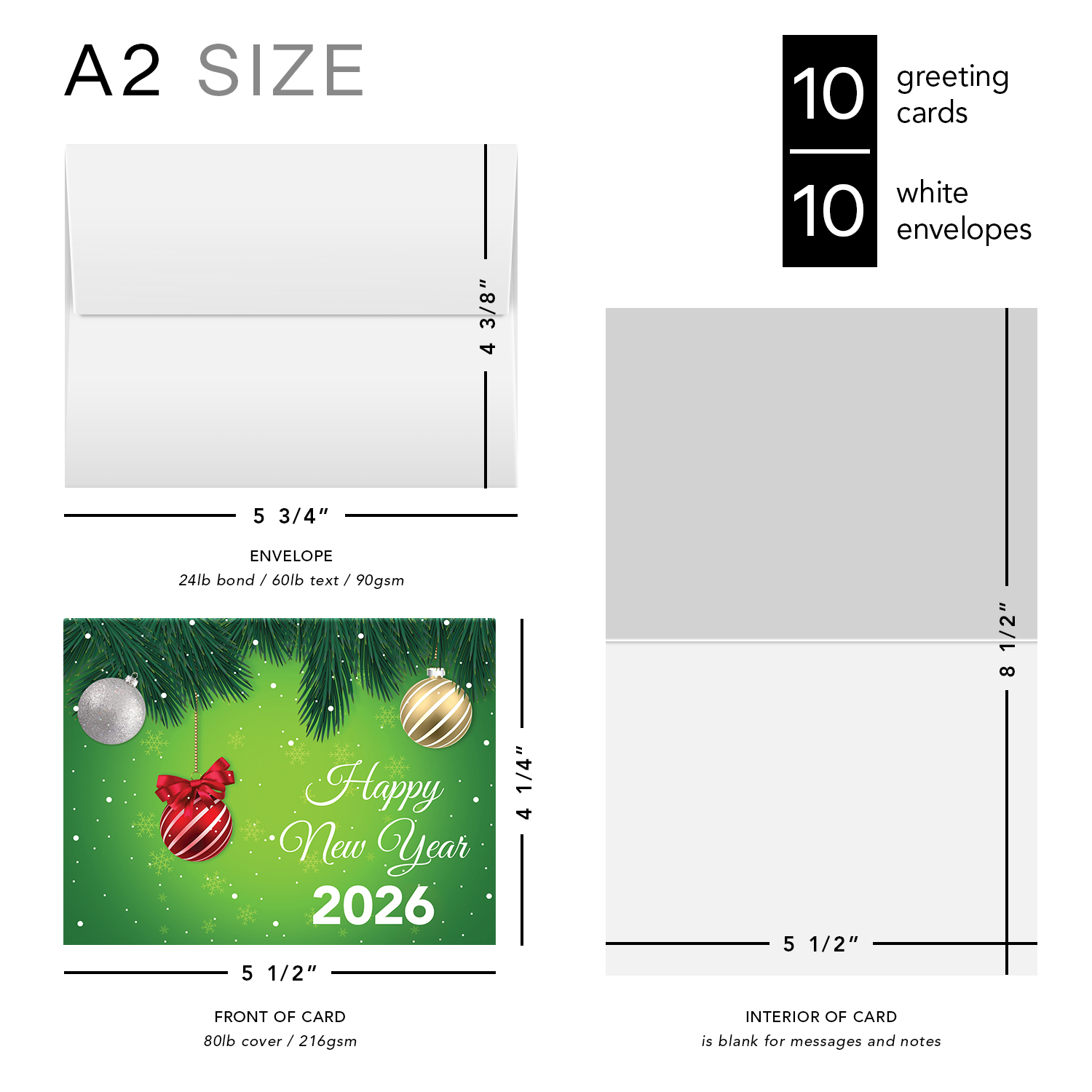 2026 Happy New Year Cards Set – Christmas, Xmas, New Year, Holiday Greetings, Invitations, Announcements, Thank Yous | 4.25 x 5.5 | 10 per Pack