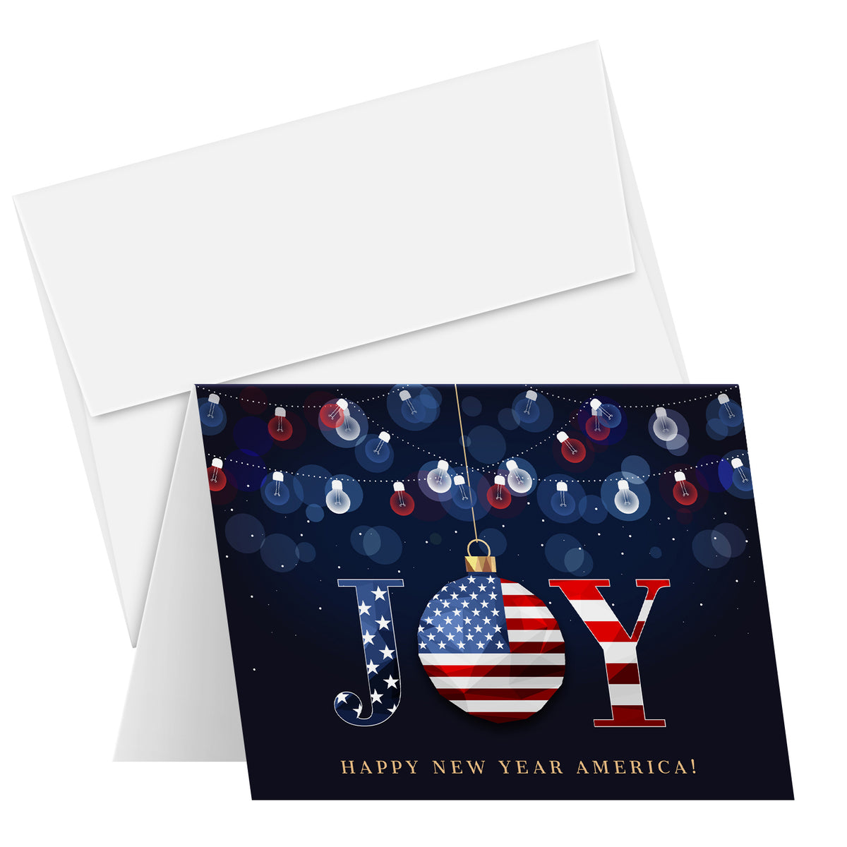2026 JOY Happy New Year America! – Christmas Fold Over Greeting Cards & Envelopes (Blank Inside) - 10 per Pack