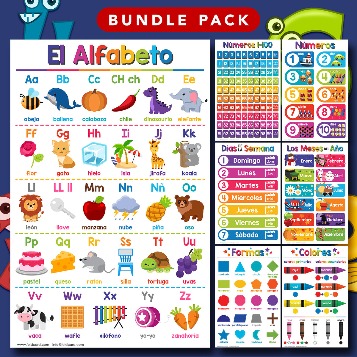 Spanish Chart Bundle - 14 Educational Posters for Kids - Large Size