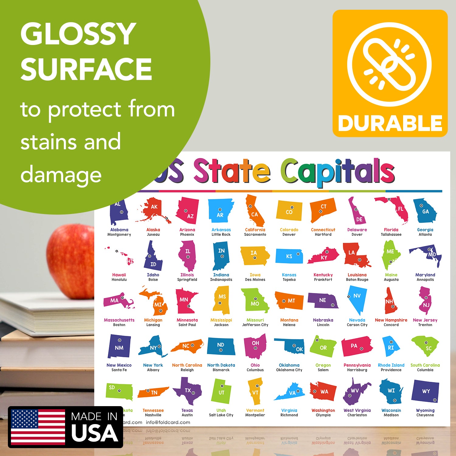 USA State Capitals Chart for Preschool to Gradeschool Kids - Educational Learning Aid | 8.5" x 11" | 5 Pack