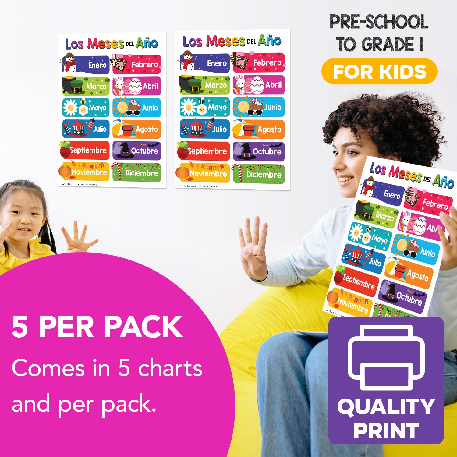 Colorful Spanish 12 Months of the Year Chart for Kids - Educational Poster | 5 Pack | 8.5" x 11" | Durable Cardstock