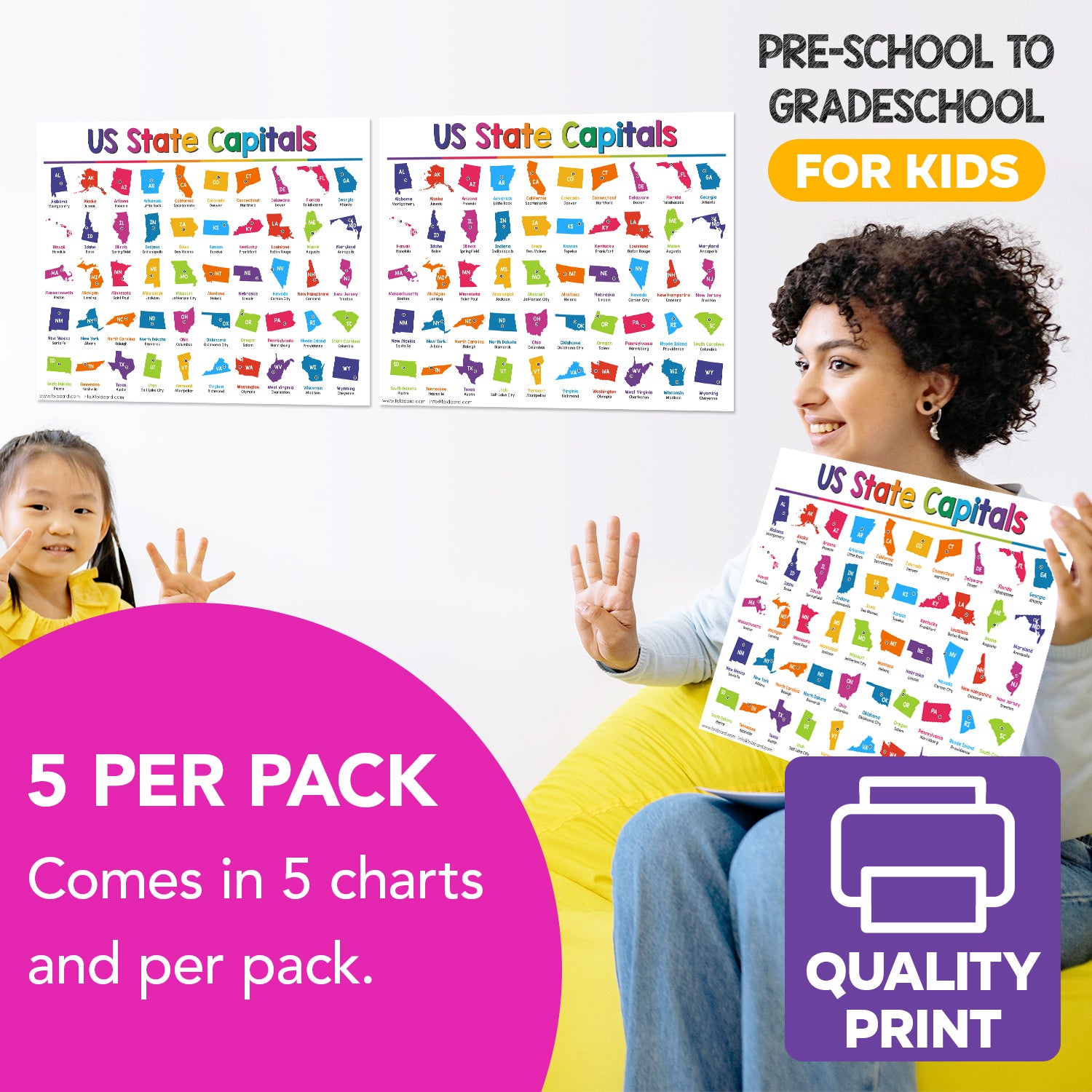 USA State Capitals Chart for Preschool to Gradeschool Kids - Educational Learning Aid | 8.5" x 11" | 5 Pack