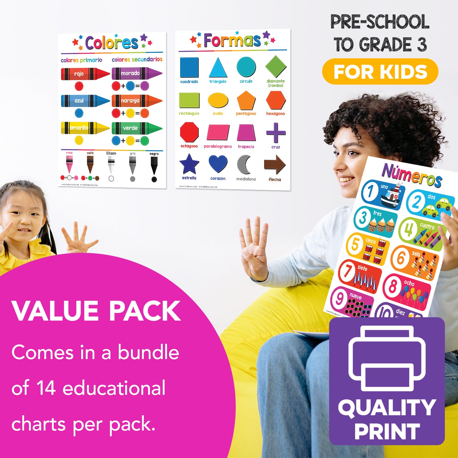 Spanish Chart Bundle - 14 Educational Posters for Kids