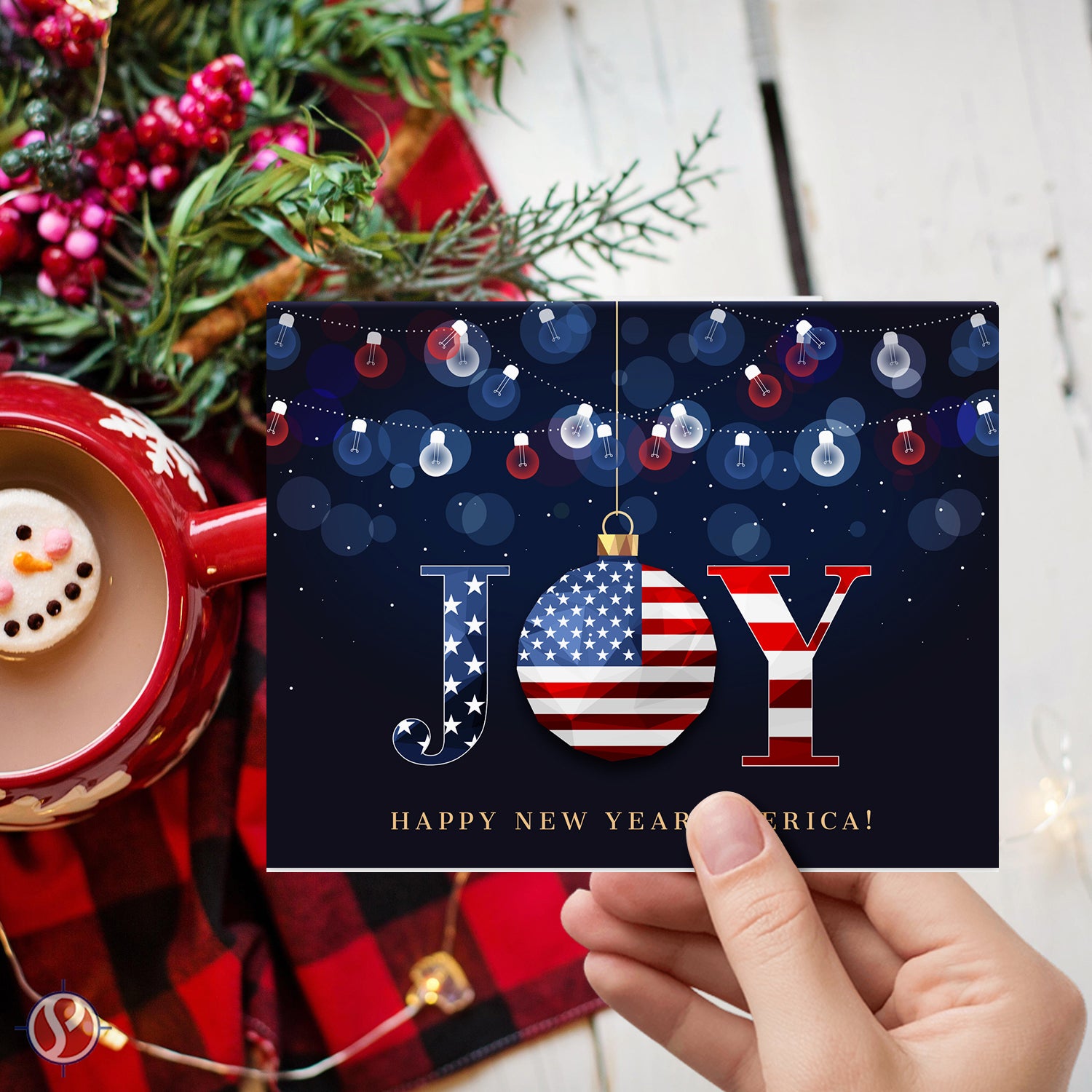 2026 JOY Happy New Year America! – Christmas Fold Over Greeting Cards & Envelopes (Blank Inside) - 10 per Pack