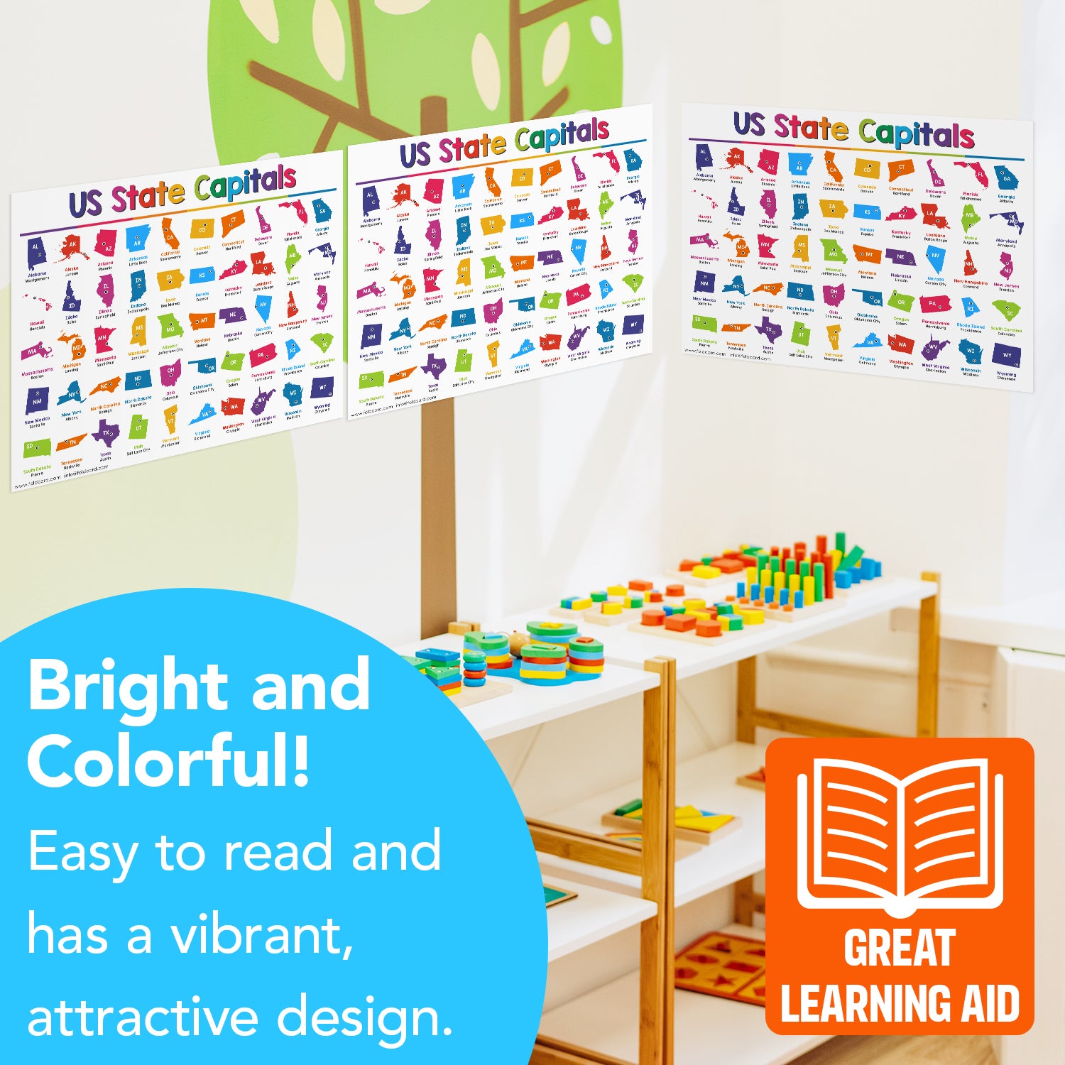 USA State Capitals Chart for Preschool to Gradeschool Kids - Educational Learning Aid | 8.5" x 11" | 5 Pack