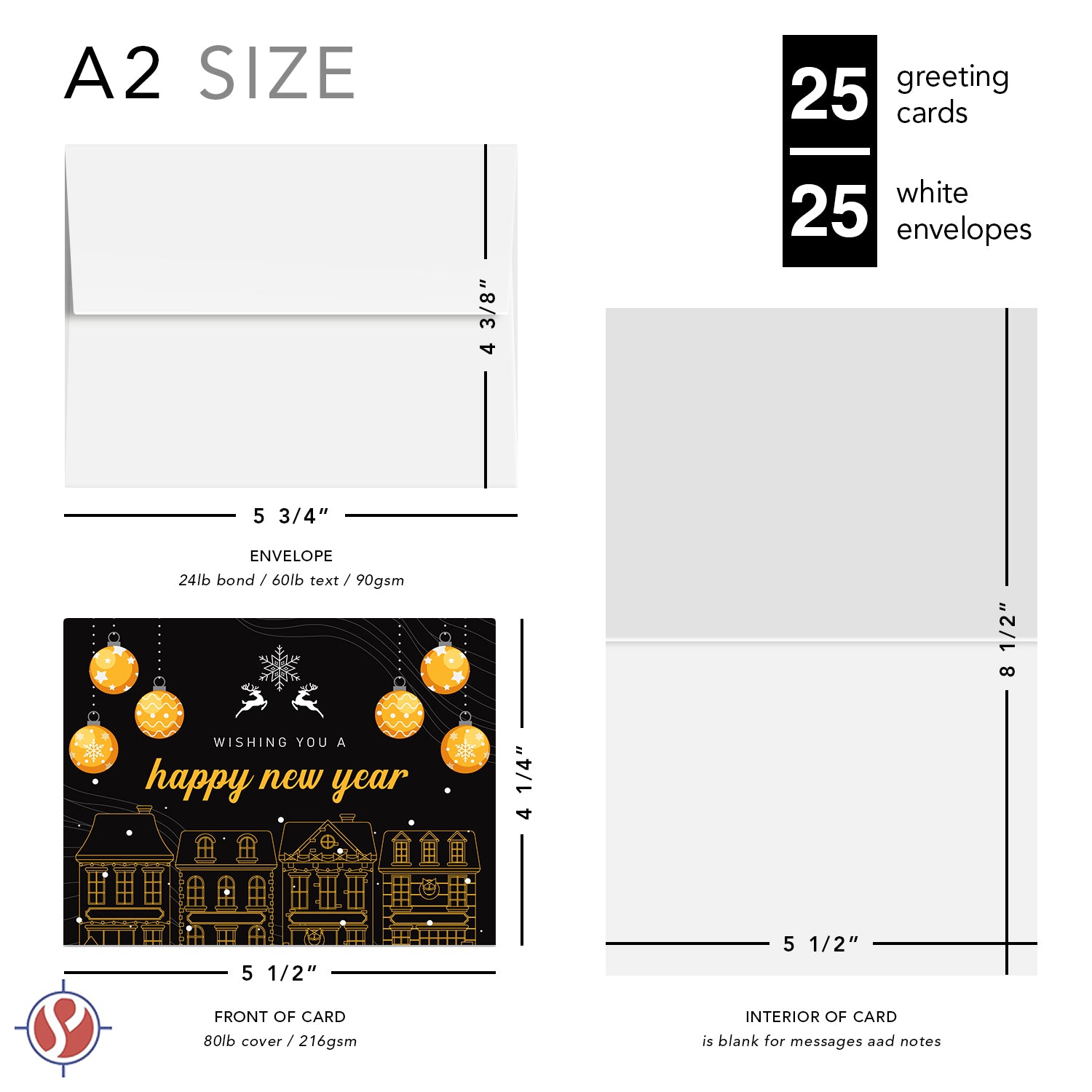 2026 Happy New Year Greeting Cards and Envelopes - 4.25 x 5.5" (A2 Size) - 25 per Pack