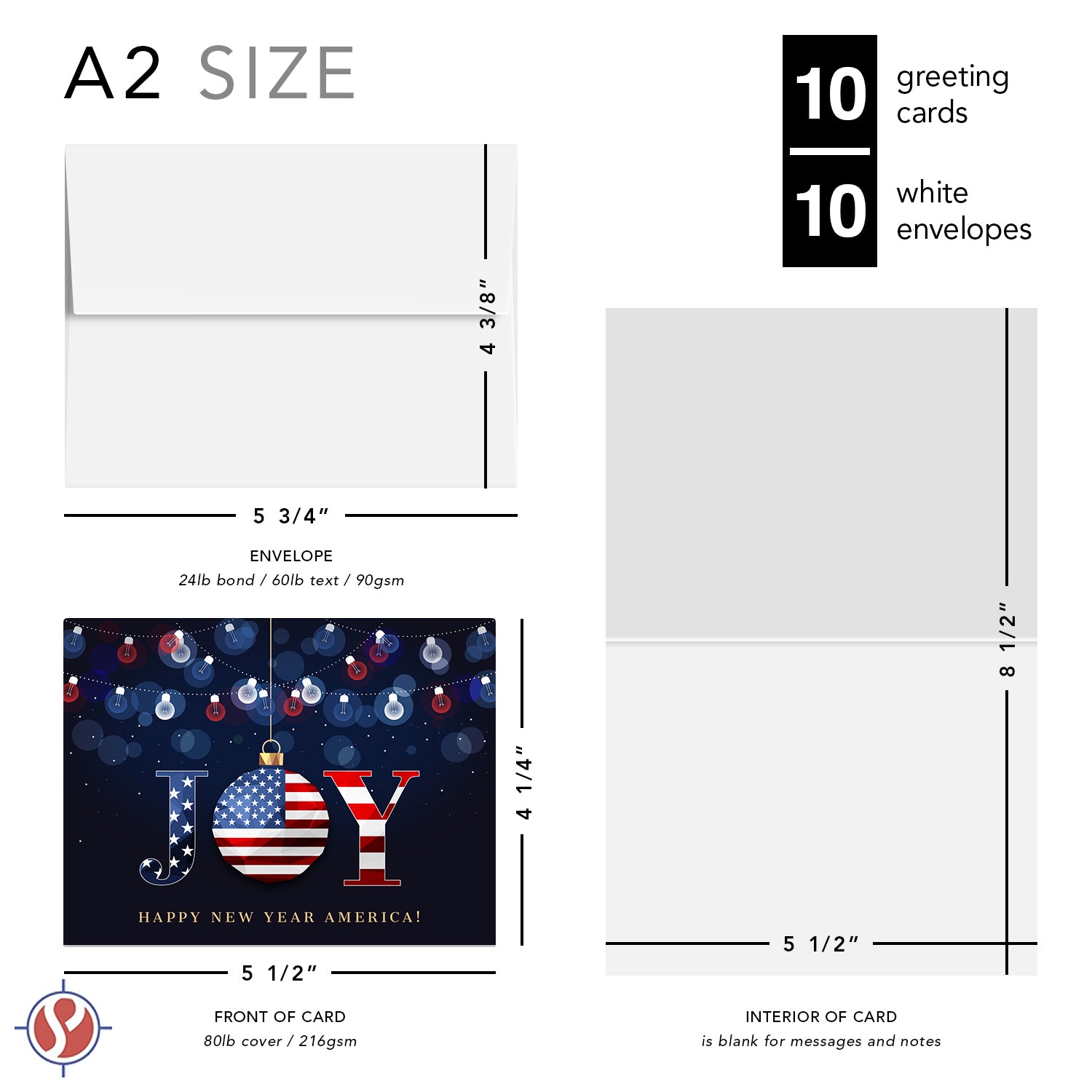 2026 JOY Happy New Year America! – Christmas Fold Over Greeting Cards & Envelopes (Blank Inside) - 10 per Pack