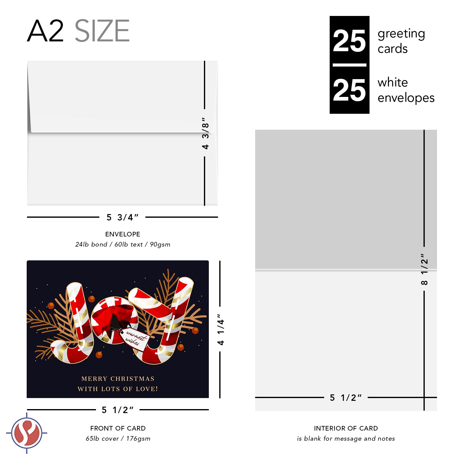 2026 JOY Merry Christmas with Lots of Love! - Holiday Greeting Cards and Envelopes - 4.25" x 5.5" - 10 per Pack