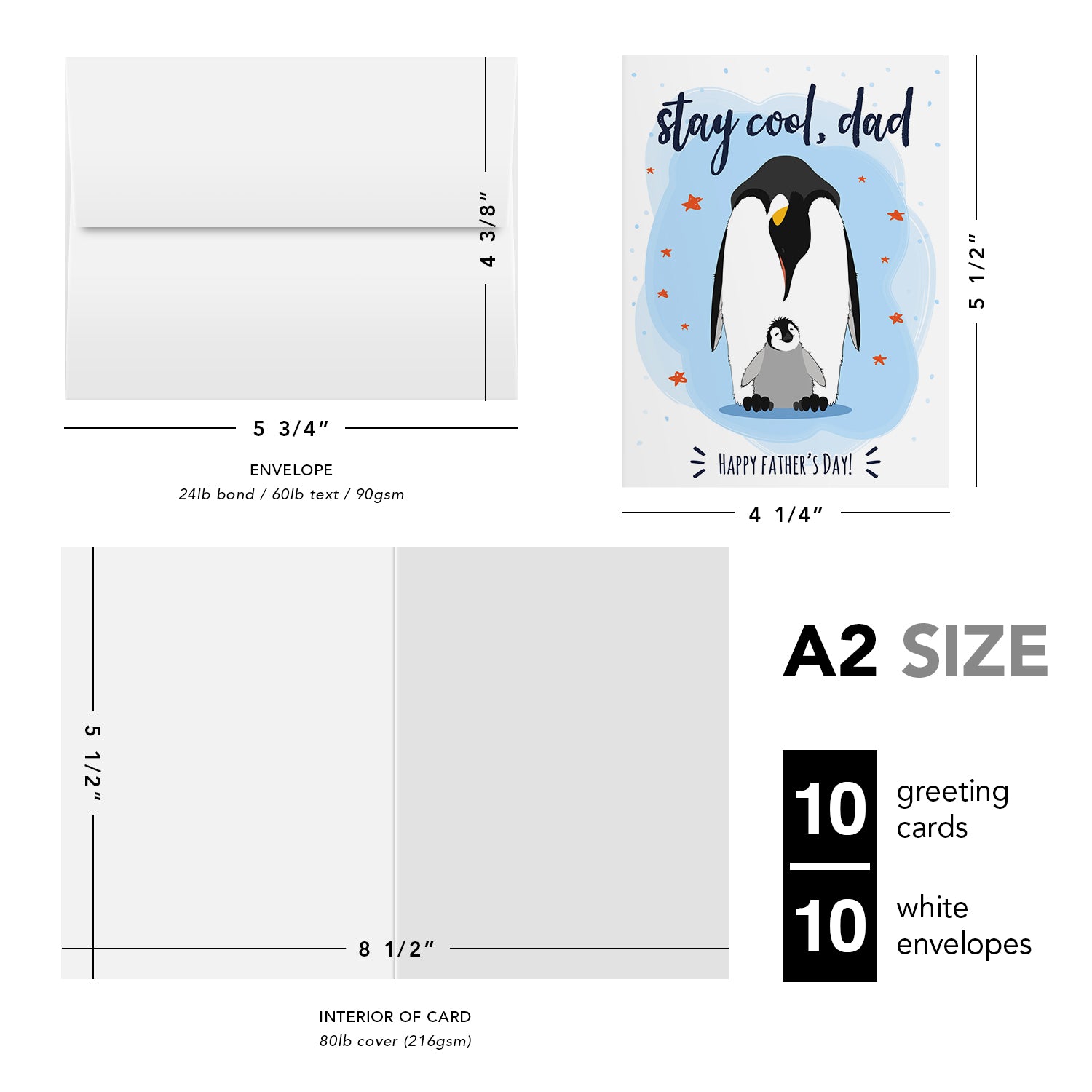 Stay Cool, Dad! Happy Father's Day Greeting Cards and Envelopes for Dad, Stepdad | 4.25 x 5.5 | 10 per Pack