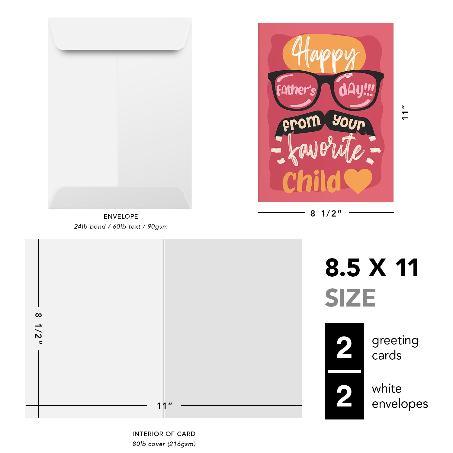 Happy Father's Day from Your Favorite Child Greeting Cards and Envelopes for Dad, Stepdad | 8.5 x 11 | 2 per Pack