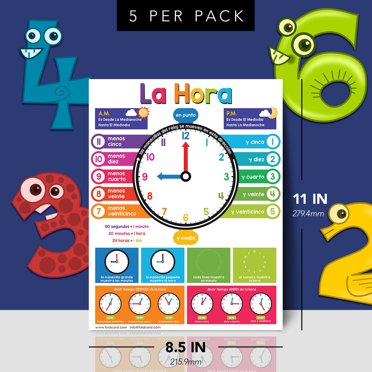 Spanish Colorful Time Chart for Kids - Learn to Tell Time | Durable Cardstock | 8.5" x 11" | 5-Pack