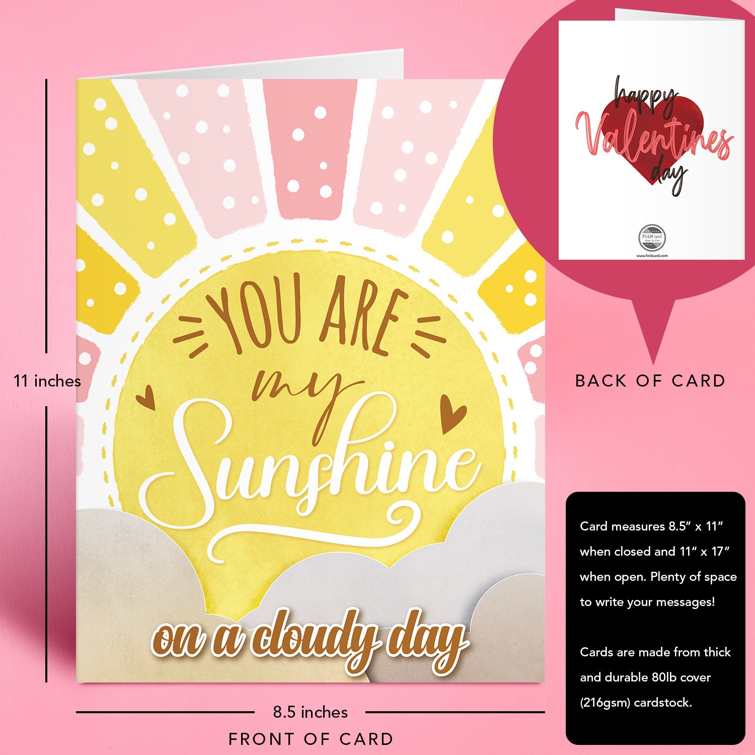 "You Are My Sunshine" Big Valentine's Day Greeting Cards and Envelopes – 8.5" x 11" Large Jumbo Size Valentines Card – 2 per Pack