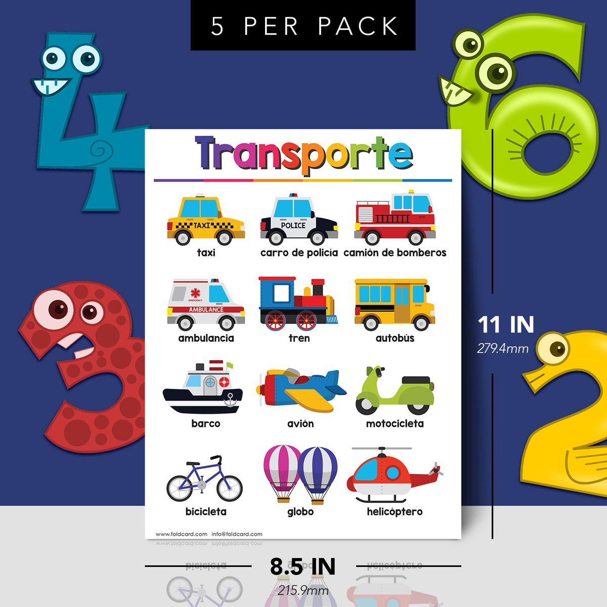 Spanish Transportation Chart for Kids – Bright & Colorful Educational Poster | 8.5" x 11" | 5-Pack