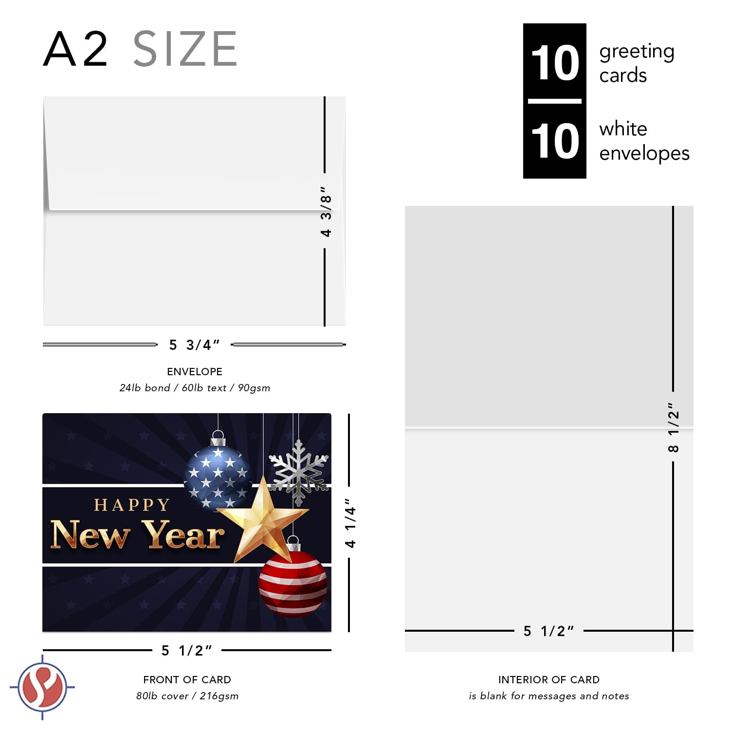 2026 Happy New Year – Blank American Patriotic Greeting Cards - 4.25 x 5.5" - 10 Per Pack
