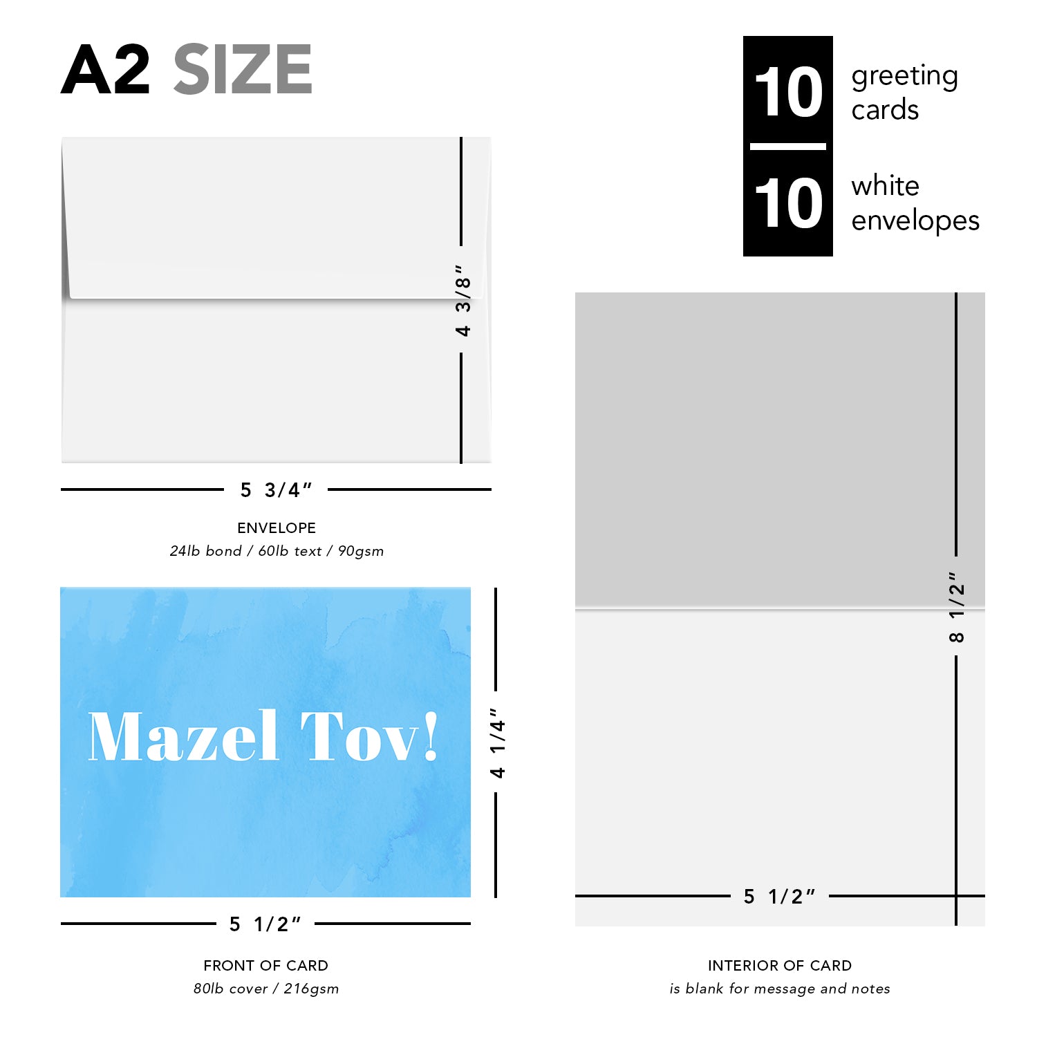 Mazel Tov Congratulations Greeting Cards and Envelopes – Bar and Bat Mitzvah, Weddings and Jewish Celebrations – 4.25" x 5.5" – 10 per Pack