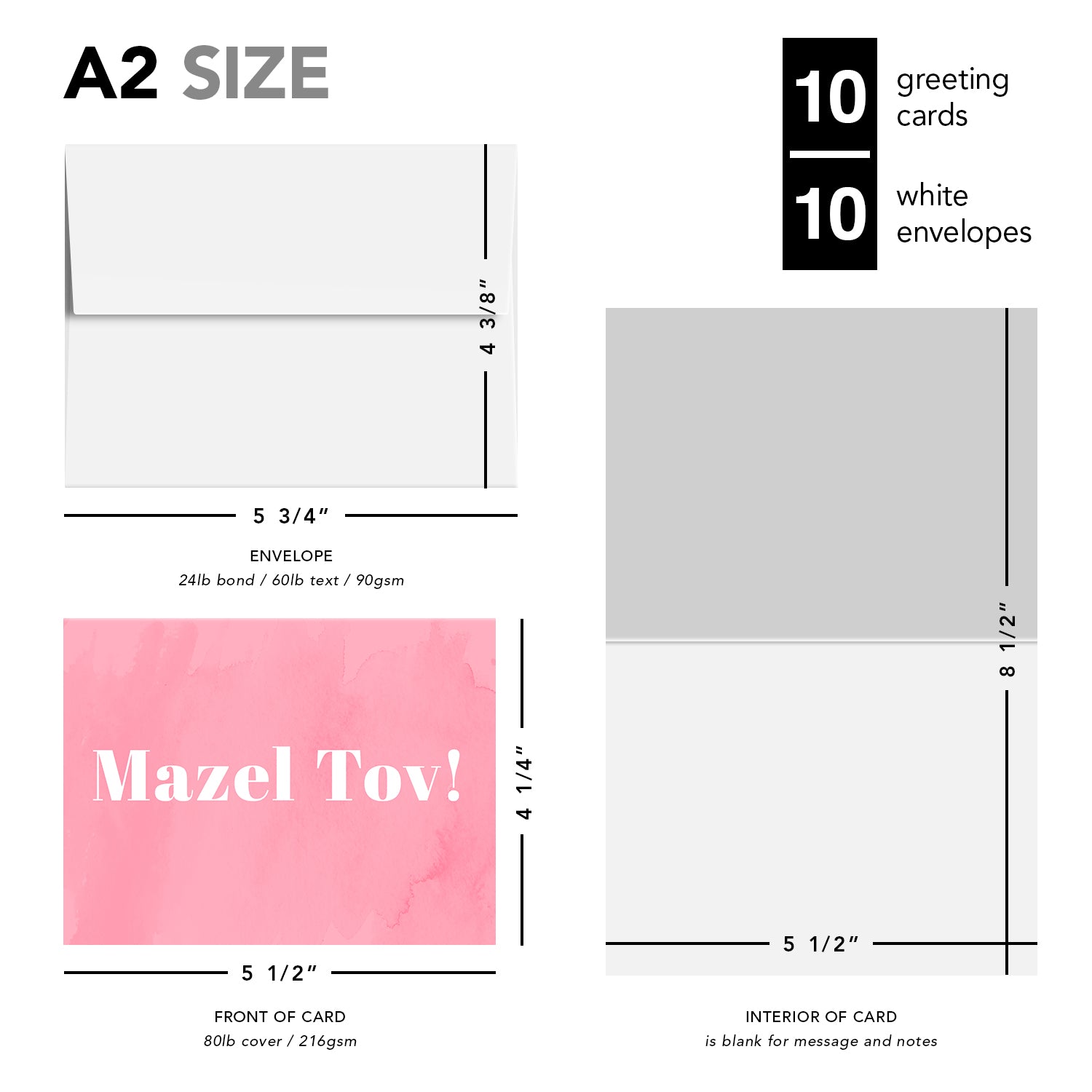 Mazel Tov Congratulations Greeting Cards and Envelopes – Bar and Bat Mitzvah, Weddings and Jewish Celebrations – 4.25" x 5.5" – 10 per Pack