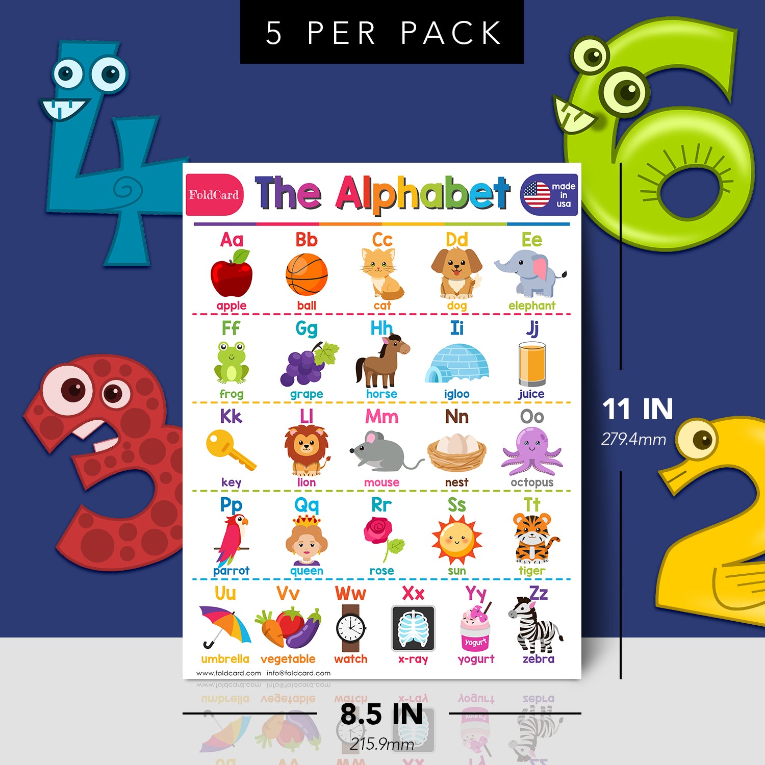 ABC Alphabet Chart for Preschool to Grade 1 Kids - Educational Learning Aid | 8.5" x 11" | 5 Pack