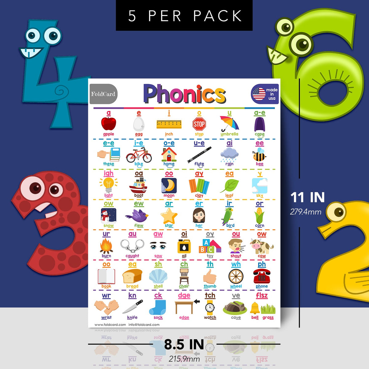 Phonics Chart for Kids - Educational Visual & Learning Aid | 8.5" x 11" | 5-Pack