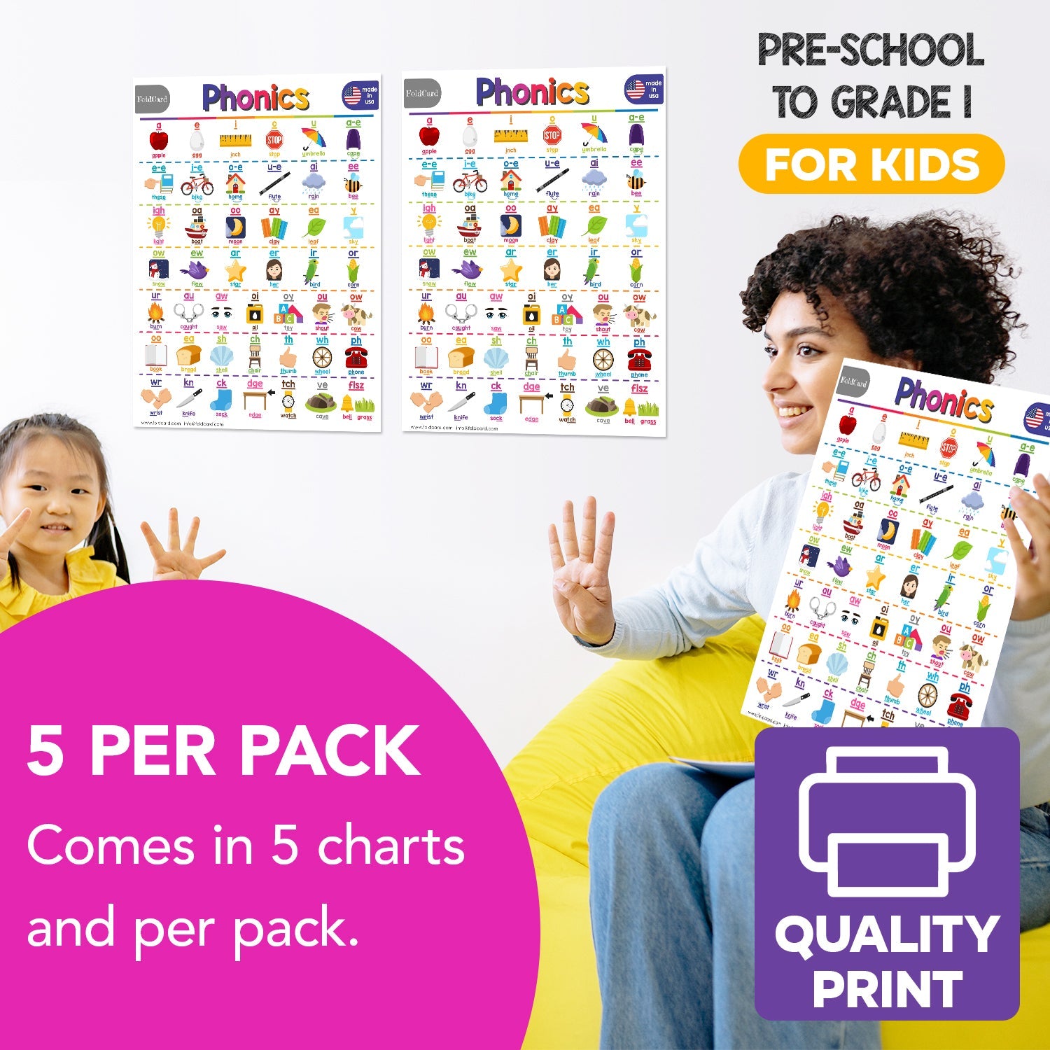 Phonics Chart for Kids - Educational Visual & Learning Aid | 8.5" x 11" | 5-Pack