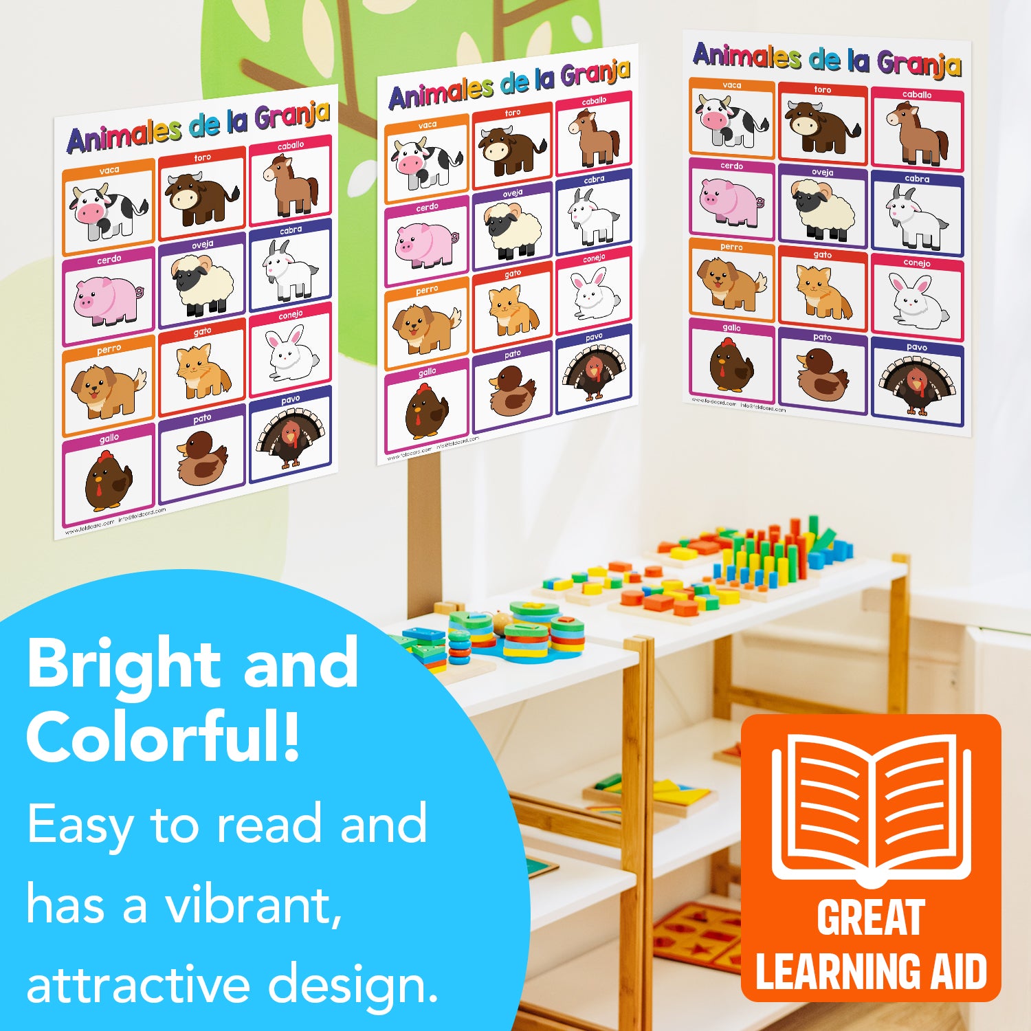 Farm Animals Spanish Chart for Kids | Bright and Colorful Educational Poster | 8.5" x 11" | 5 Pack