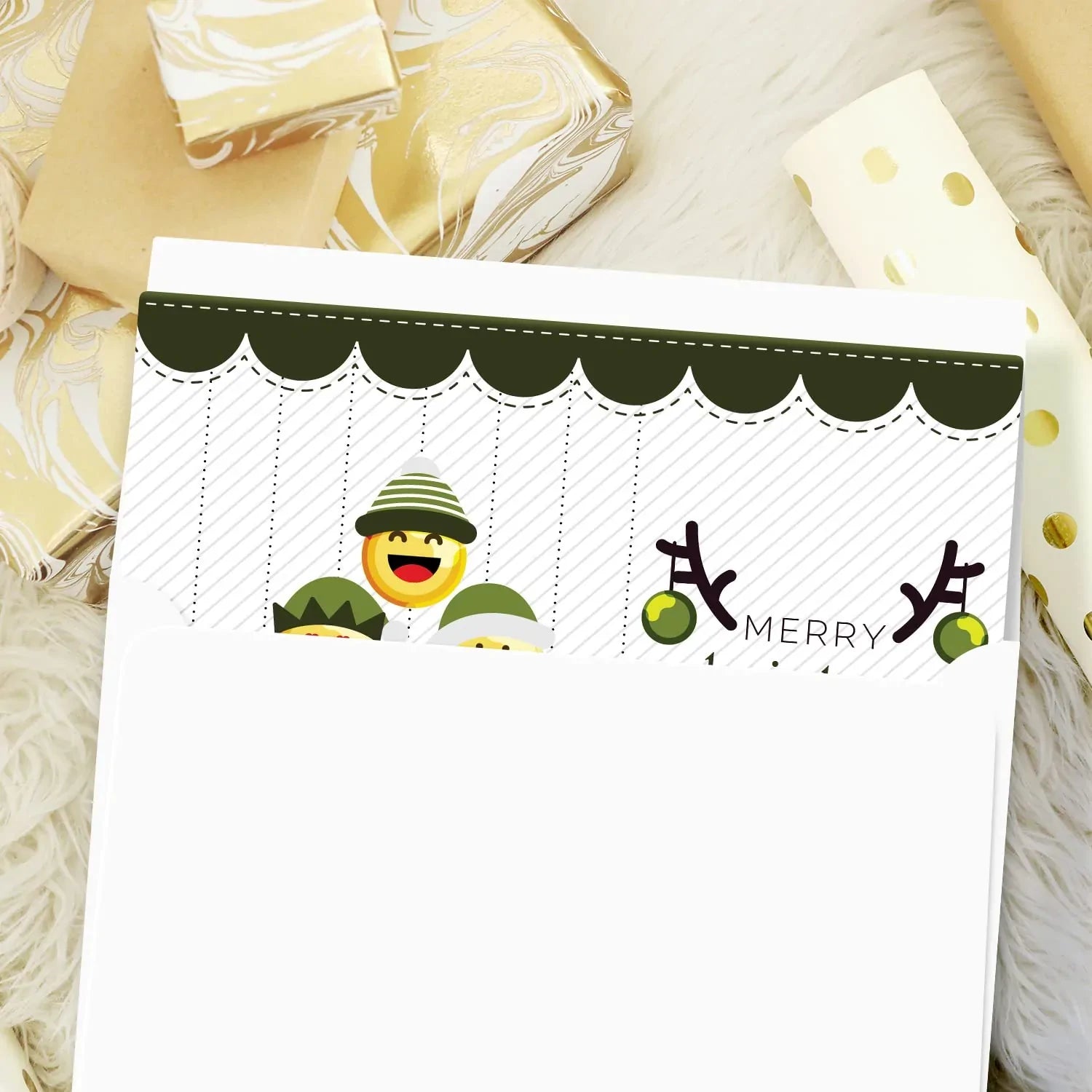 2023 Greeting Cards & Envelopes Merry Christmas and Happy New Year, Green Tree Emoji. Set of 25 FoldCard
